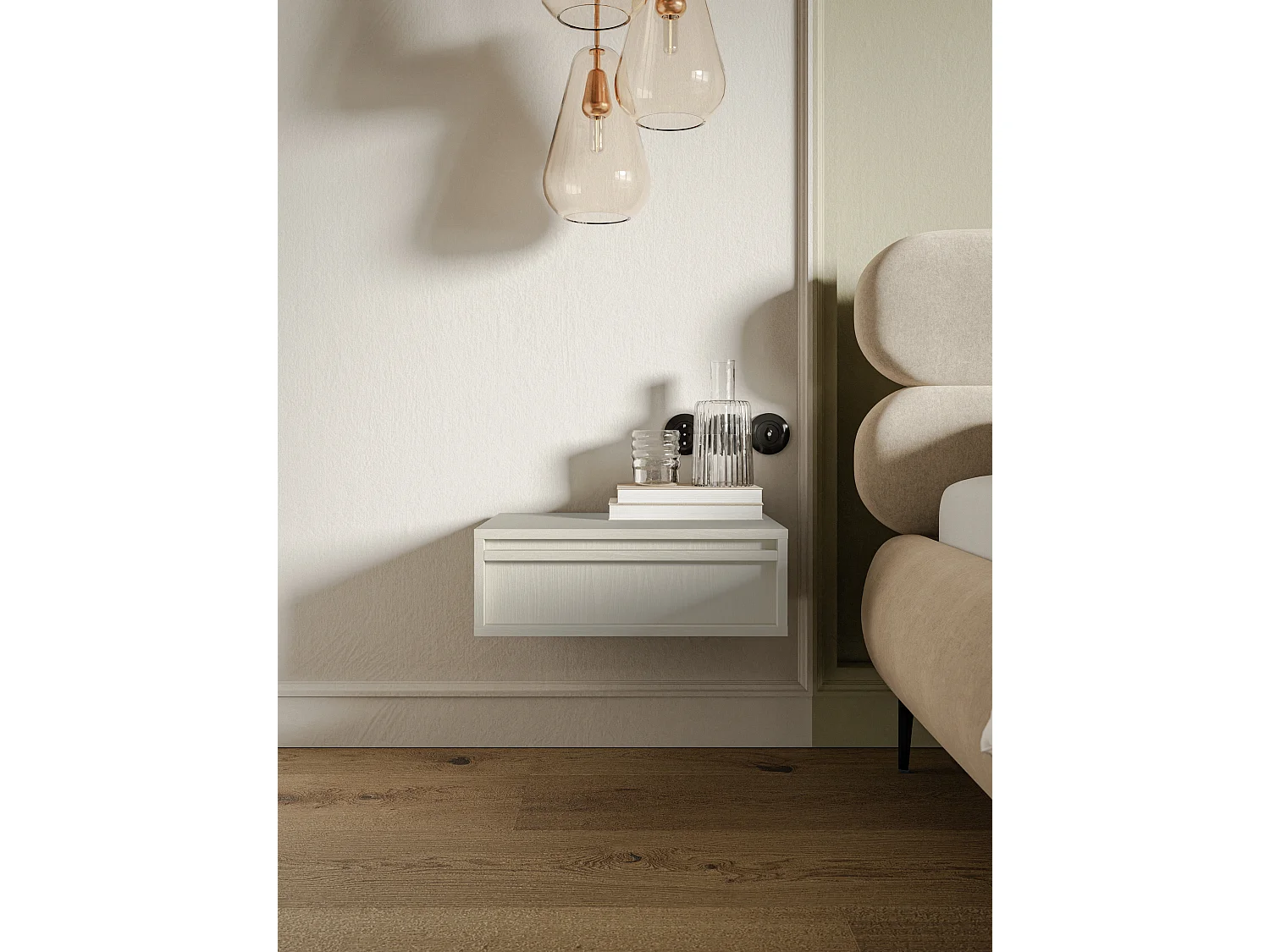 Table de chevet - 50 cm - avec tiroir - suspendu - crème - EVO