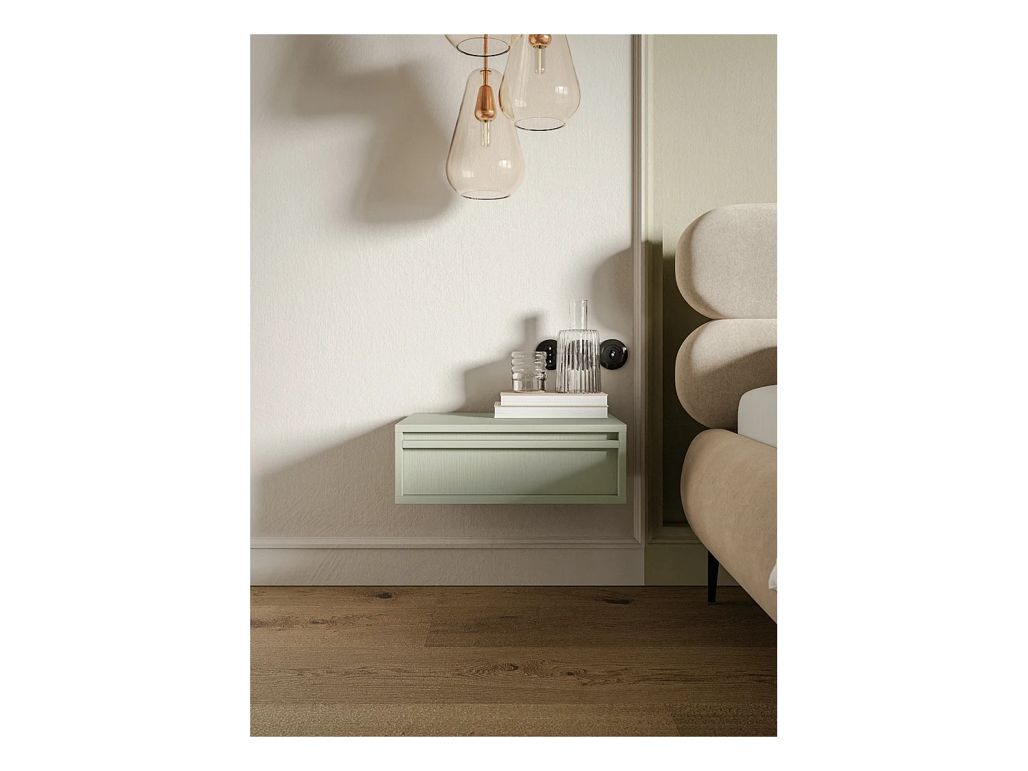 Table de chevet - 50 cm - avec tiroir - suspendu - vert sauge - EVO