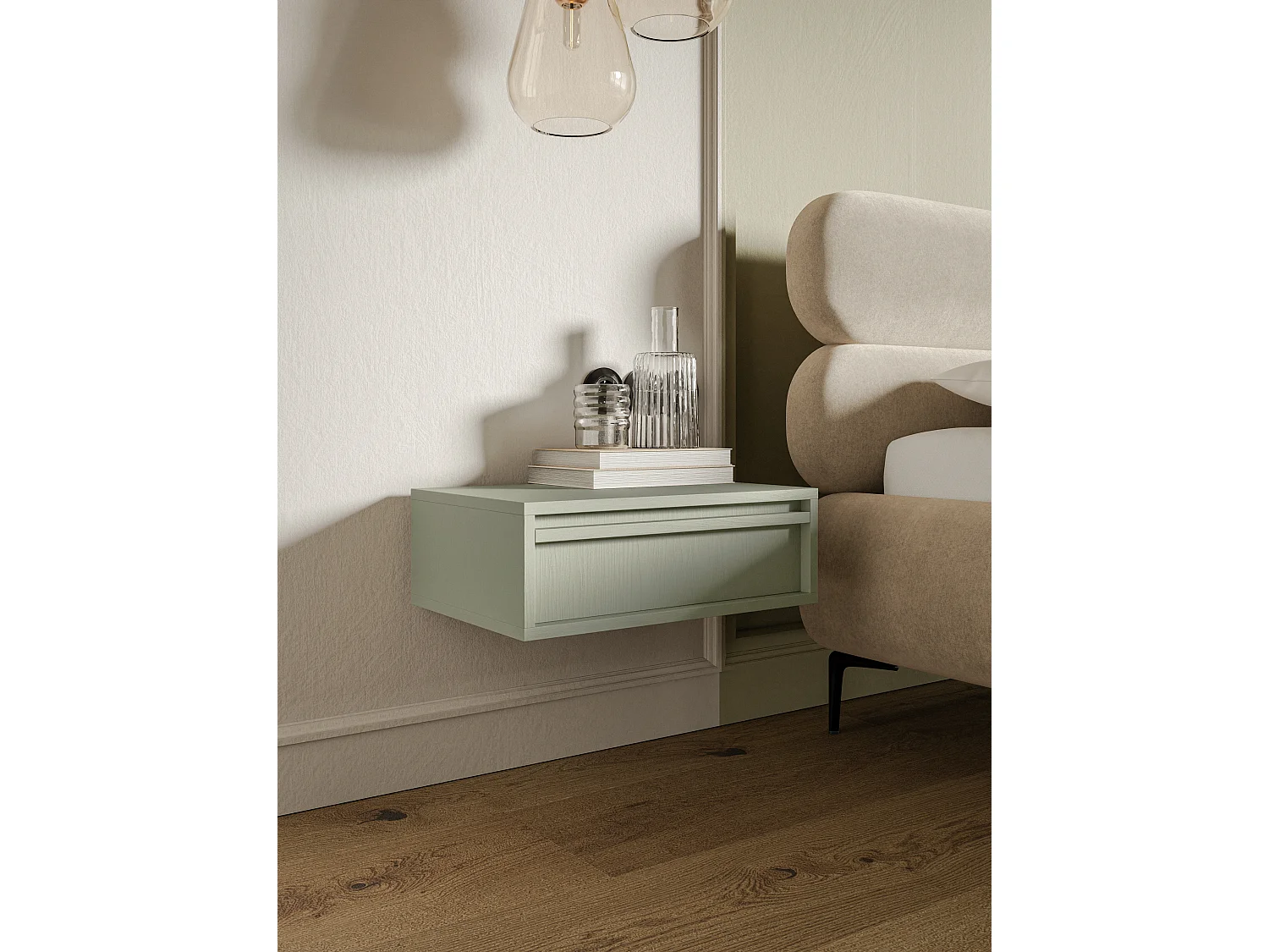 Table de chevet - 50 cm - avec tiroir - suspendu - vert sauge - EVO