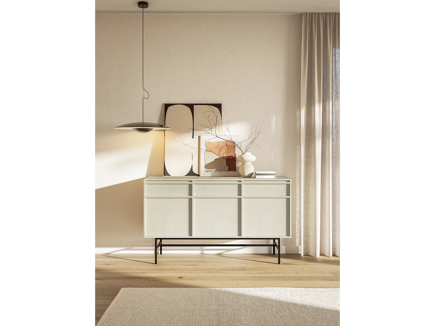 Buffet à trois portes - 154 cm - avec tiroirs et cadre - crème - EVO