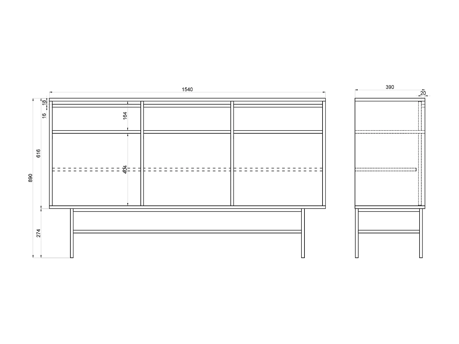 Buffet à trois portes - 154 cm - avec tiroirs et cadre - crème - EVO