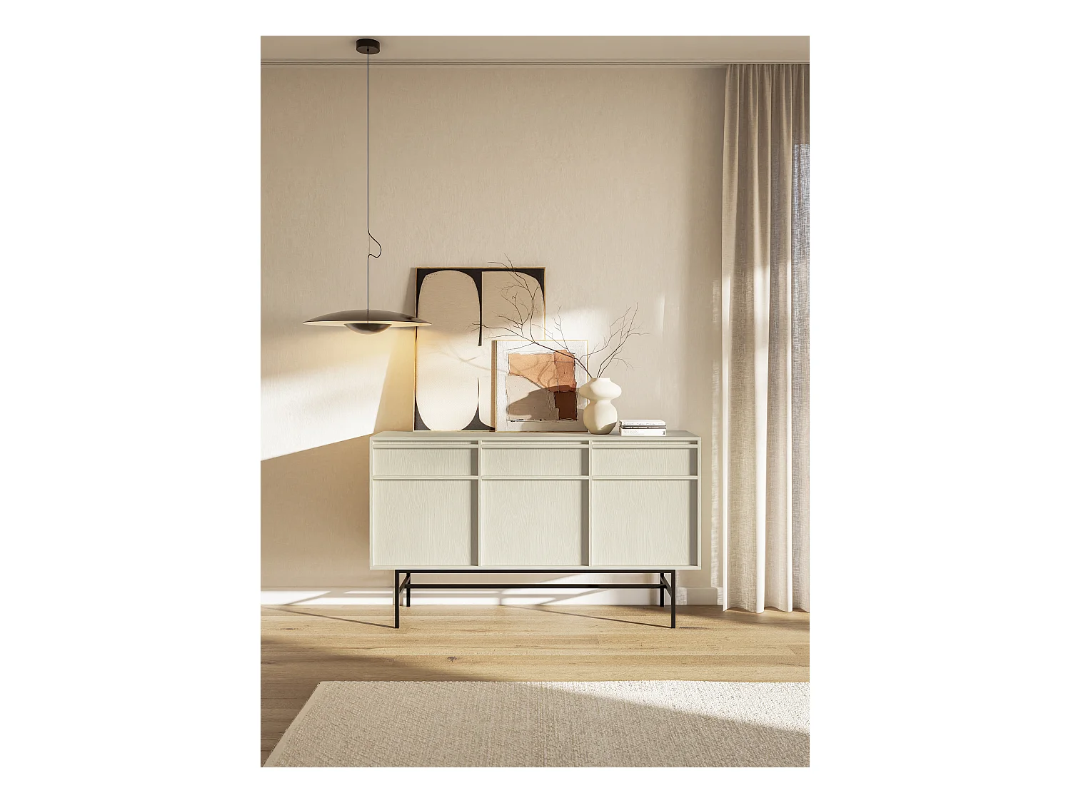 Buffet à trois portes - 154 cm - avec tiroirs et cadre - crème - EVO