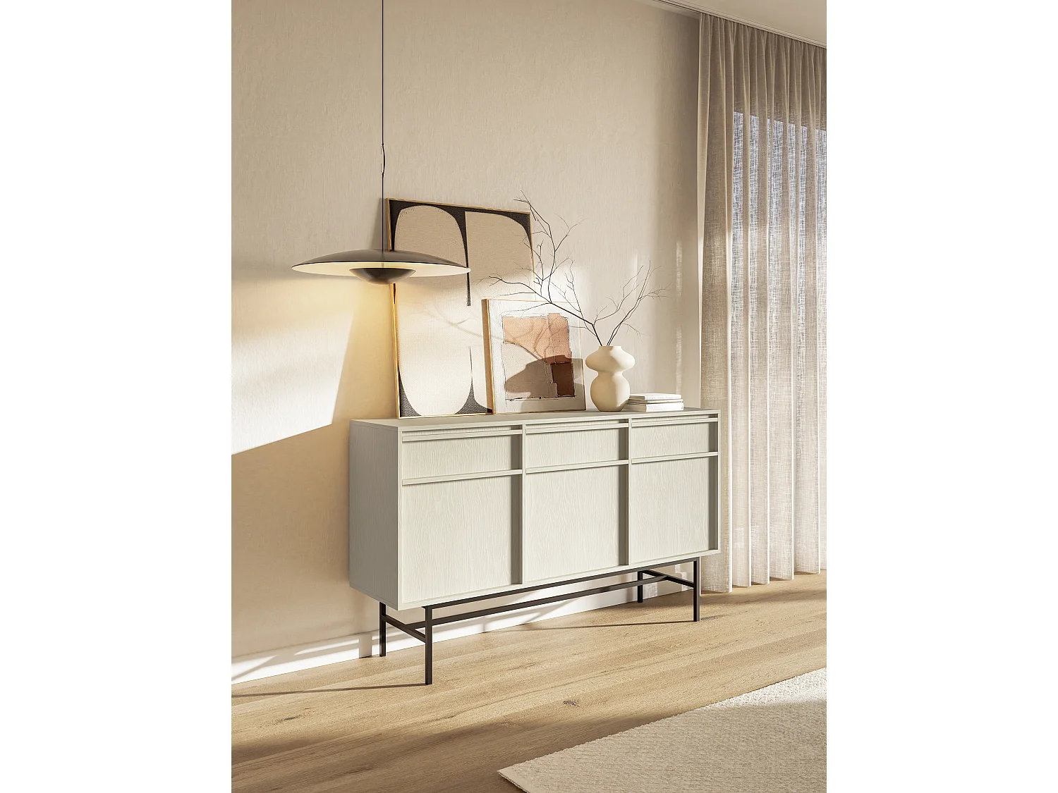 Sideboard 3-türig mit 3 Schubladen, Hellbeige mit schwarzem Metallgestell, 154 cm - EVO