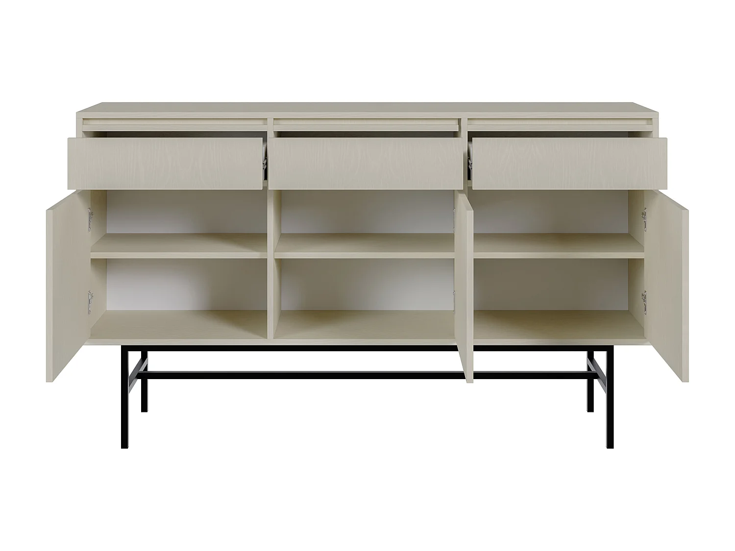 Sideboard 3-türig mit 3 Schubladen, Hellbeige mit schwarzem Metallgestell, 154 cm - EVO