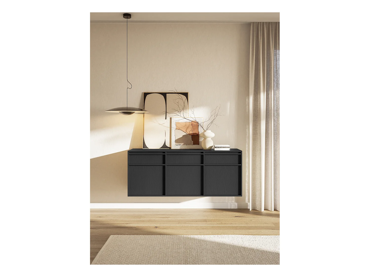 Buffet à trois portes - 154 cm - avec tiroirs - suspendu - noir - EVO