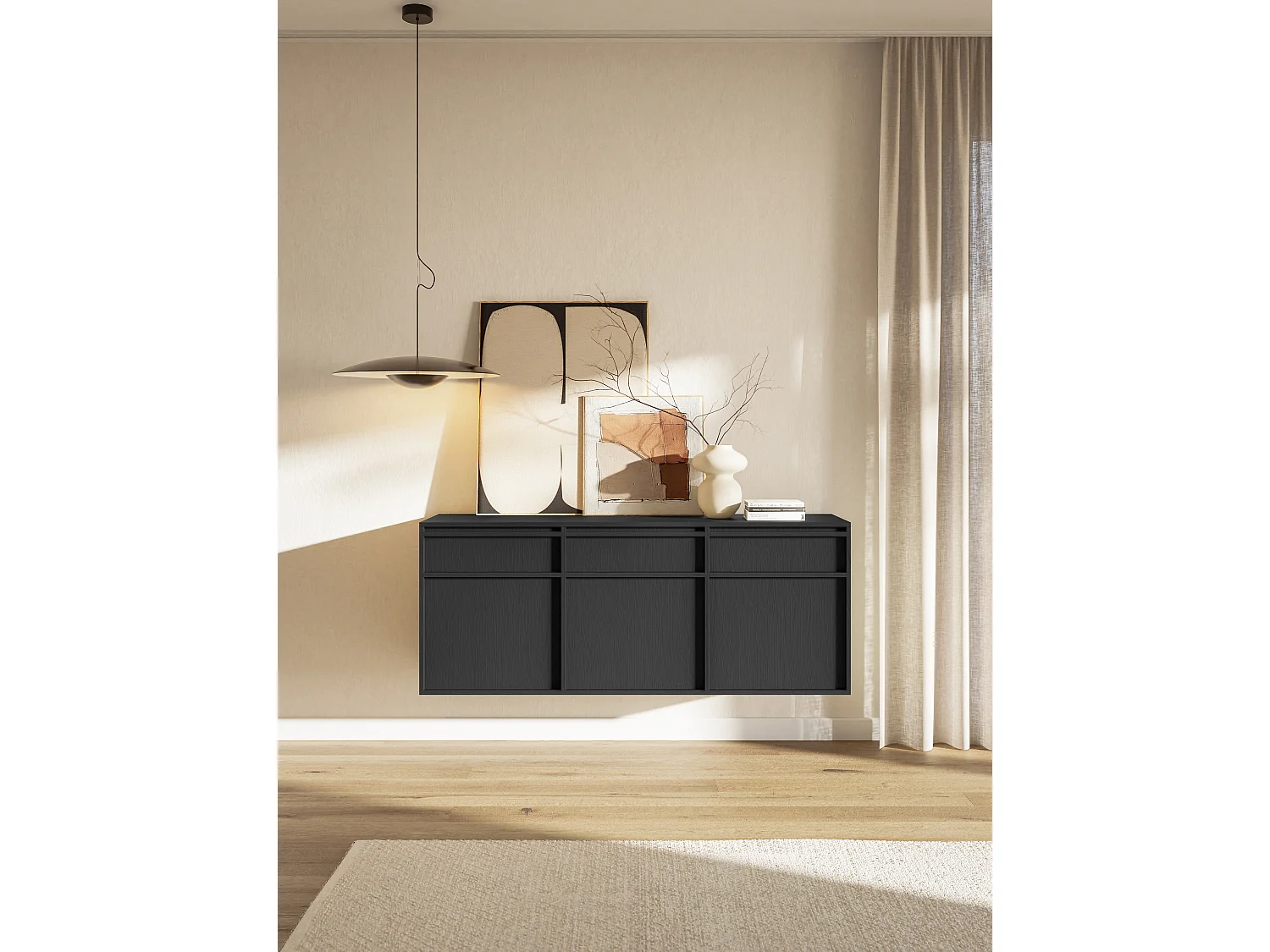 Buffet à trois portes - 154 cm - avec tiroirs - suspendu - noir - EVO