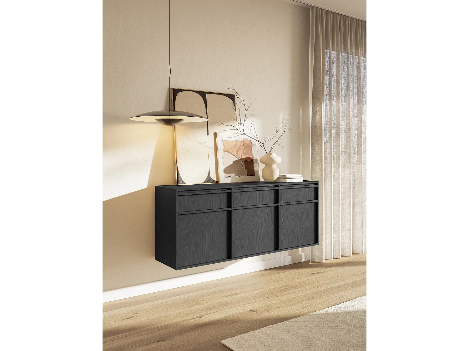 Buffet à trois portes - 154 cm - avec tiroirs - suspendu - noir - EVO