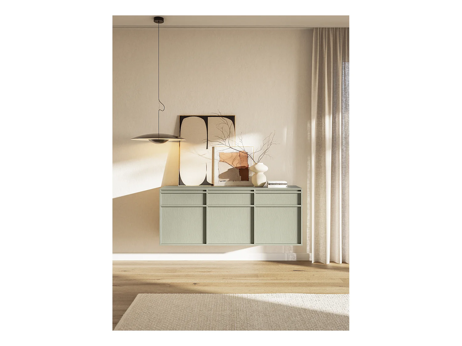 Buffet à trois portes - 154 cm - avec tiroirs - suspendu - vert sauge - EVO