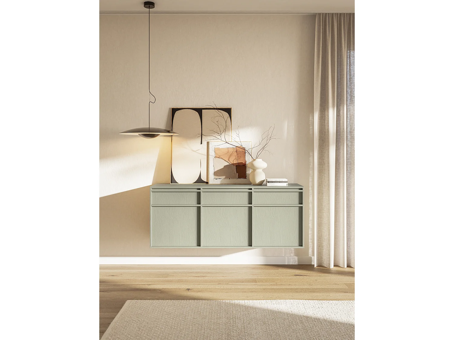 Buffet à trois portes - 154 cm - avec tiroirs - suspendu - vert sauge - EVO