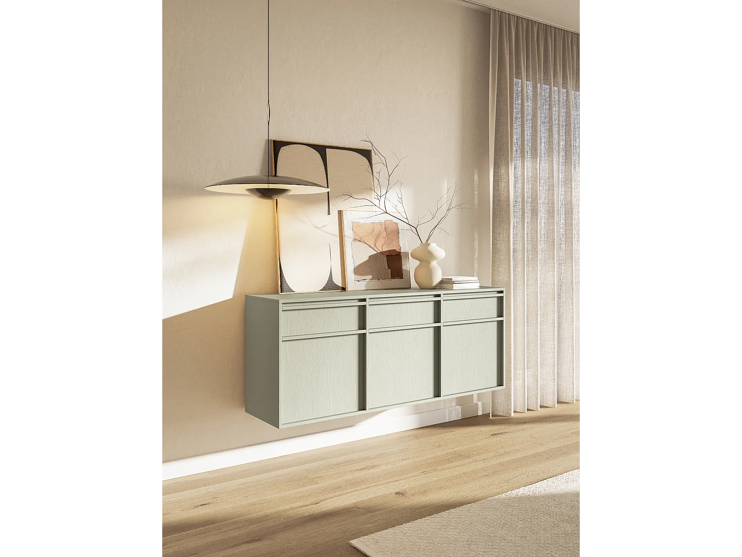 Buffet à trois portes - 154 cm - avec tiroirs - suspendu - vert sauge - EVO