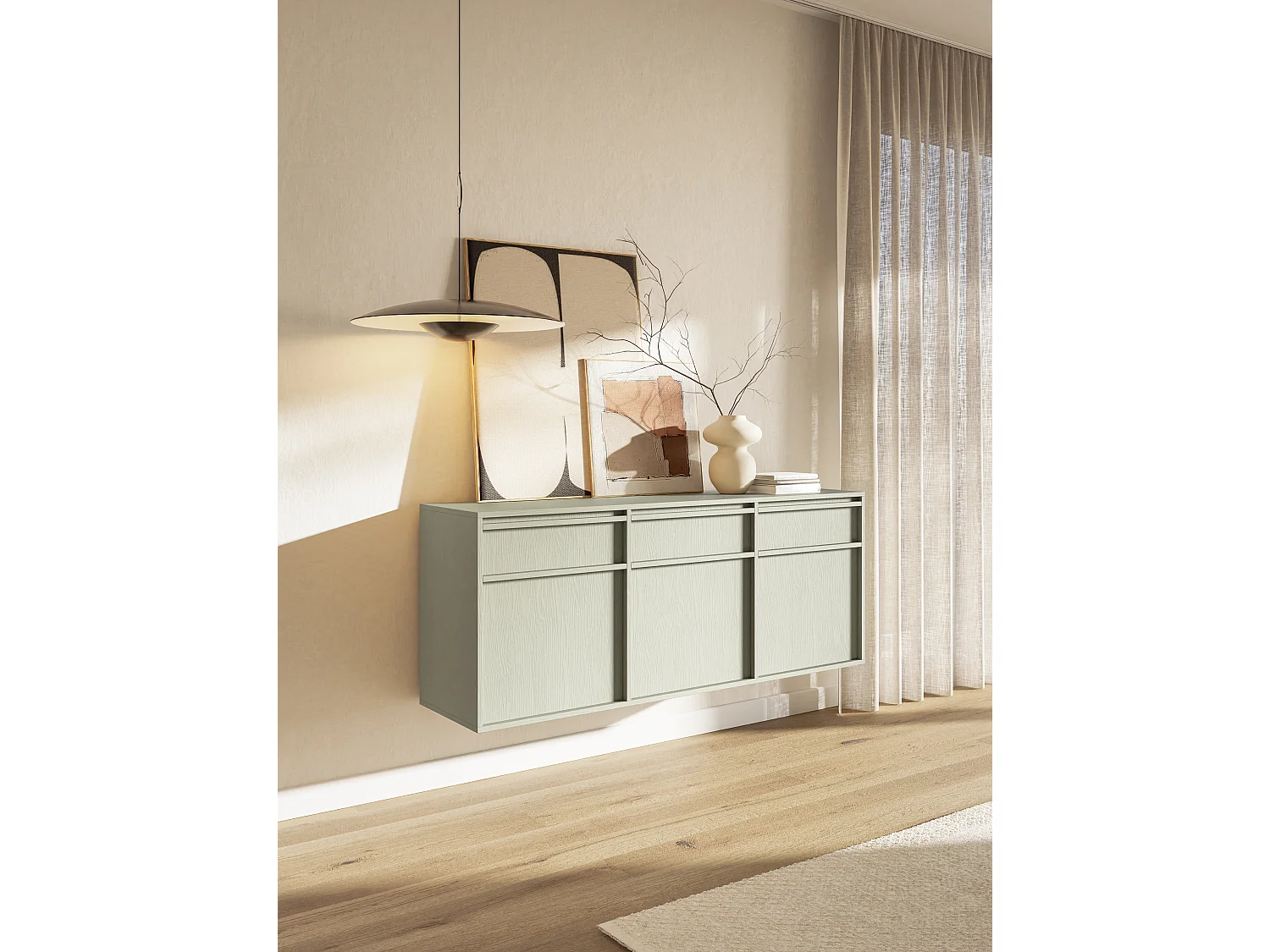 Buffet à trois portes - 154 cm - avec tiroirs - suspendu - vert sauge - EVO