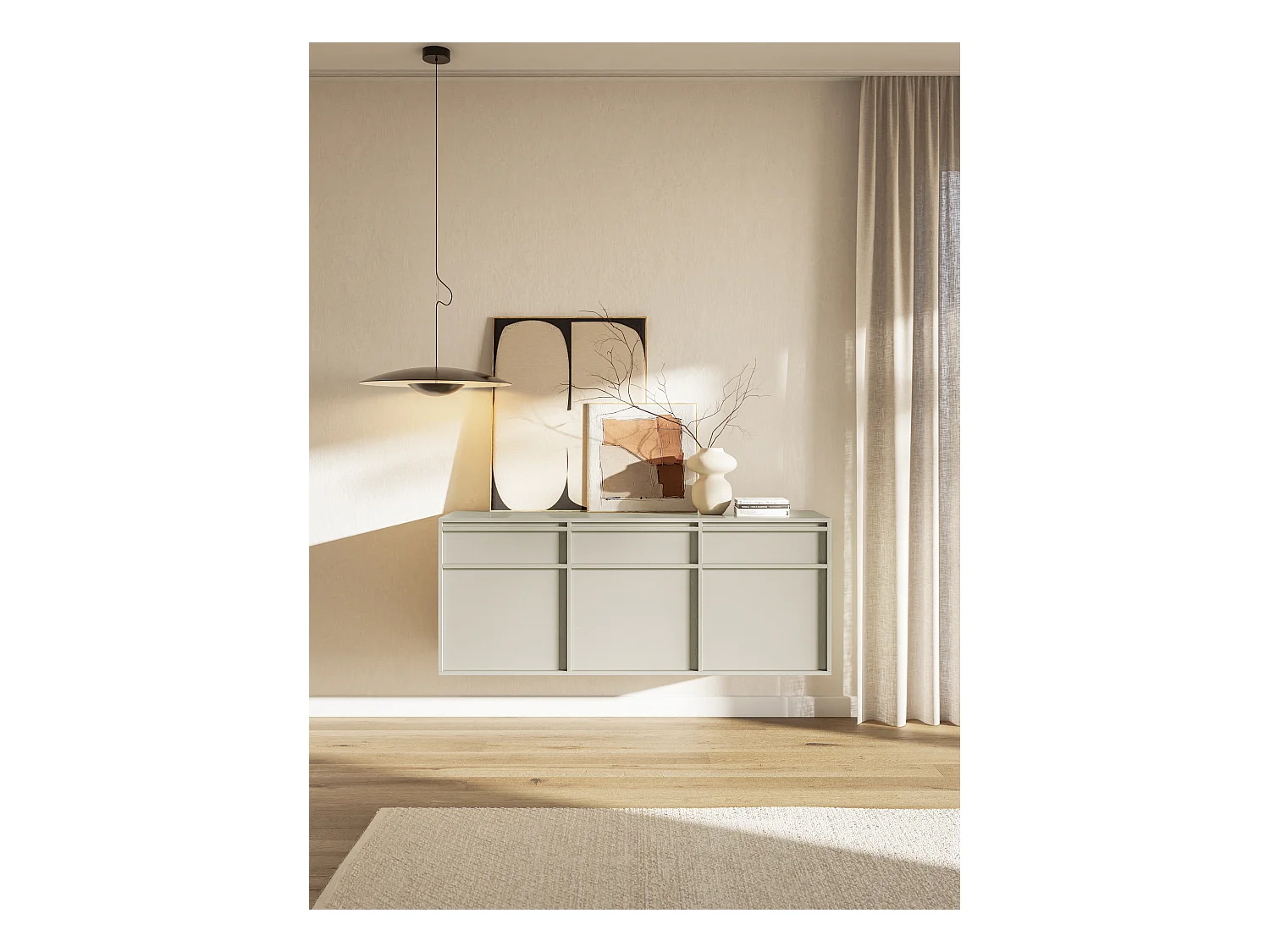 Buffet à trois portes - 154 cm - avec tiroirs - suspendu - grège - EVO