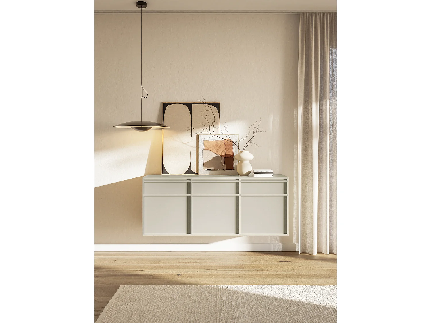 Buffet à trois portes - 154 cm - avec tiroirs - suspendu - grège - EVO