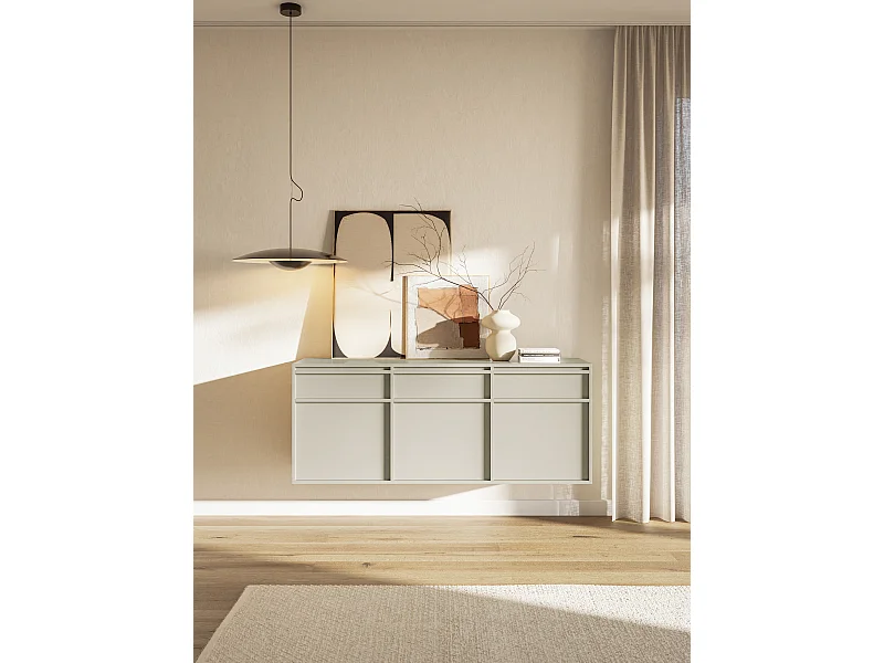 Buffet à trois portes - 154 cm - avec tiroirs - suspendu - grège - EVO