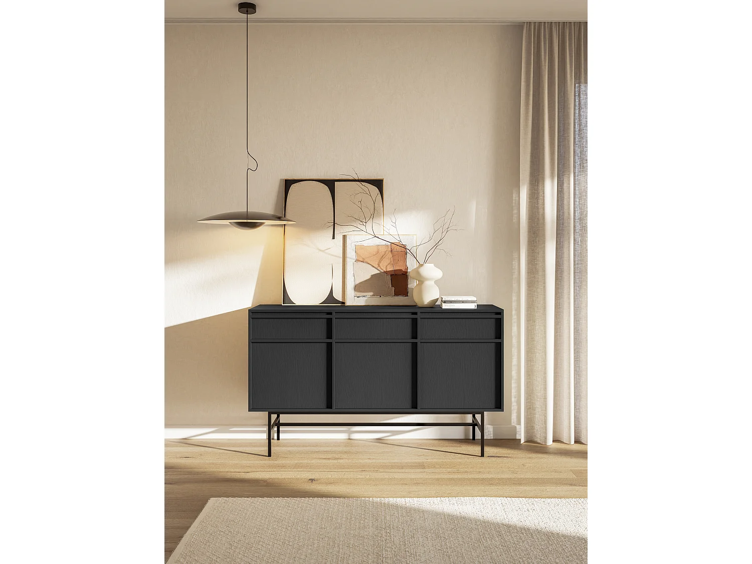 Buffet à trois portes - 154 cm - avec tiroirs et cadre - noir - EVO