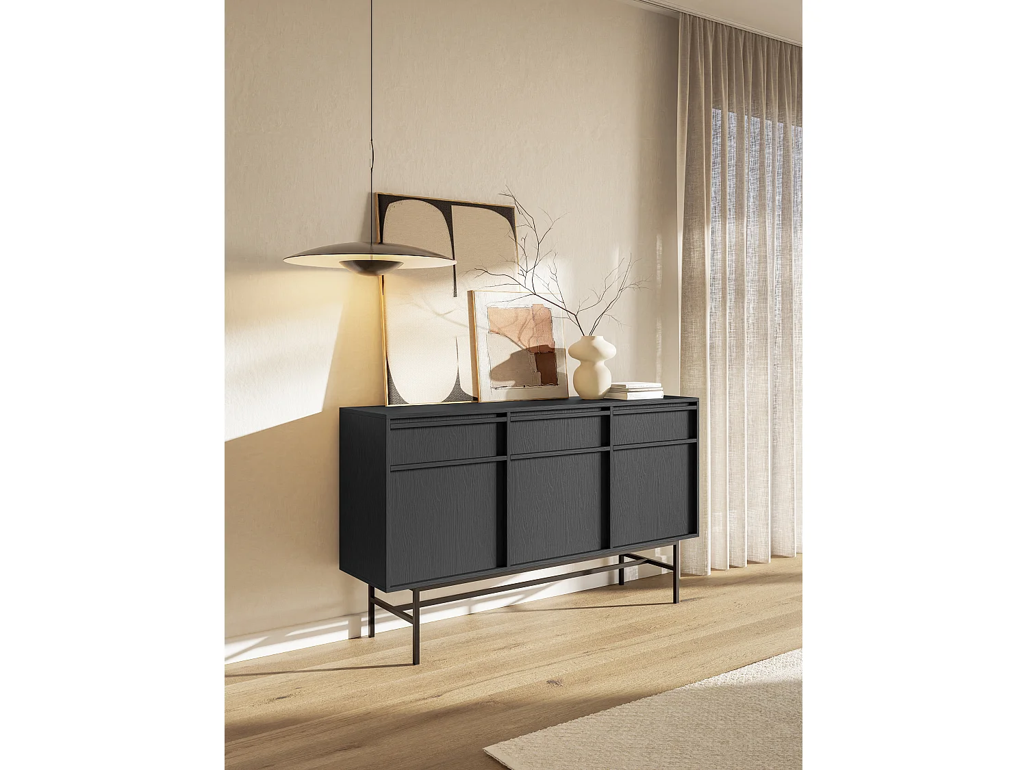 Buffet à trois portes - 154 cm - avec tiroirs et cadre - noir - EVO