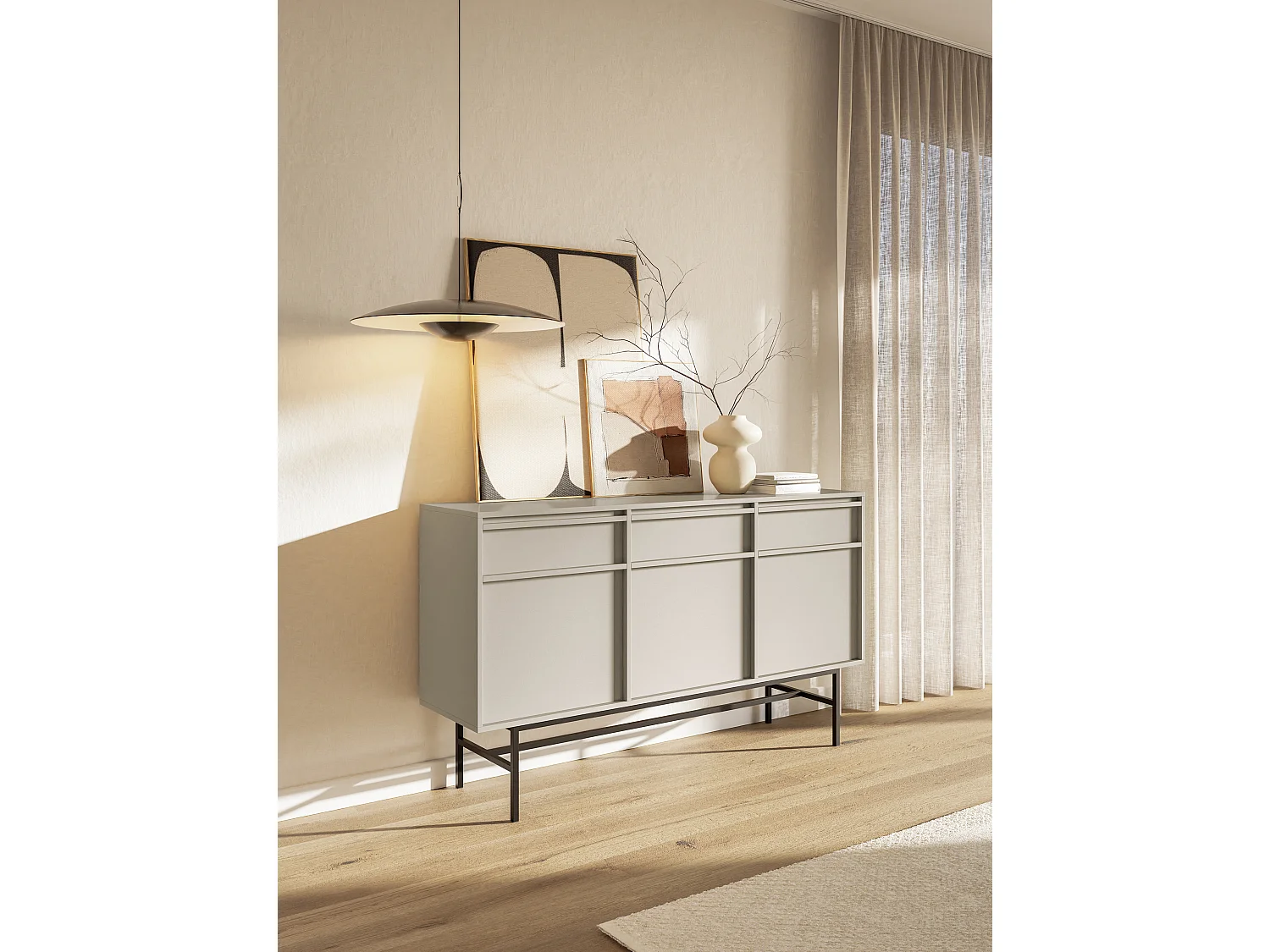 Buffet à trois portes - 154 cm - avec tiroirs et cadre - grège - EVO