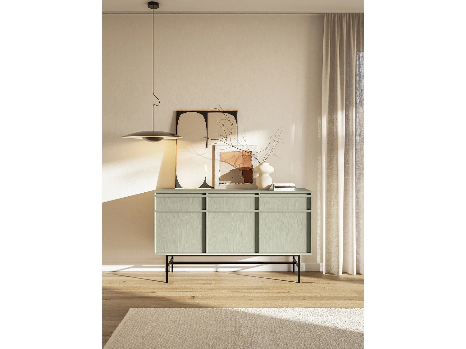 Buffet à trois portes - 154 cm - avec tiroirs et cadre - vert sauge - EVO