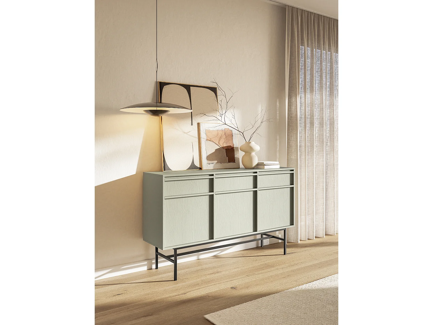 Buffet à trois portes - 154 cm - avec tiroirs et cadre - vert sauge - EVO