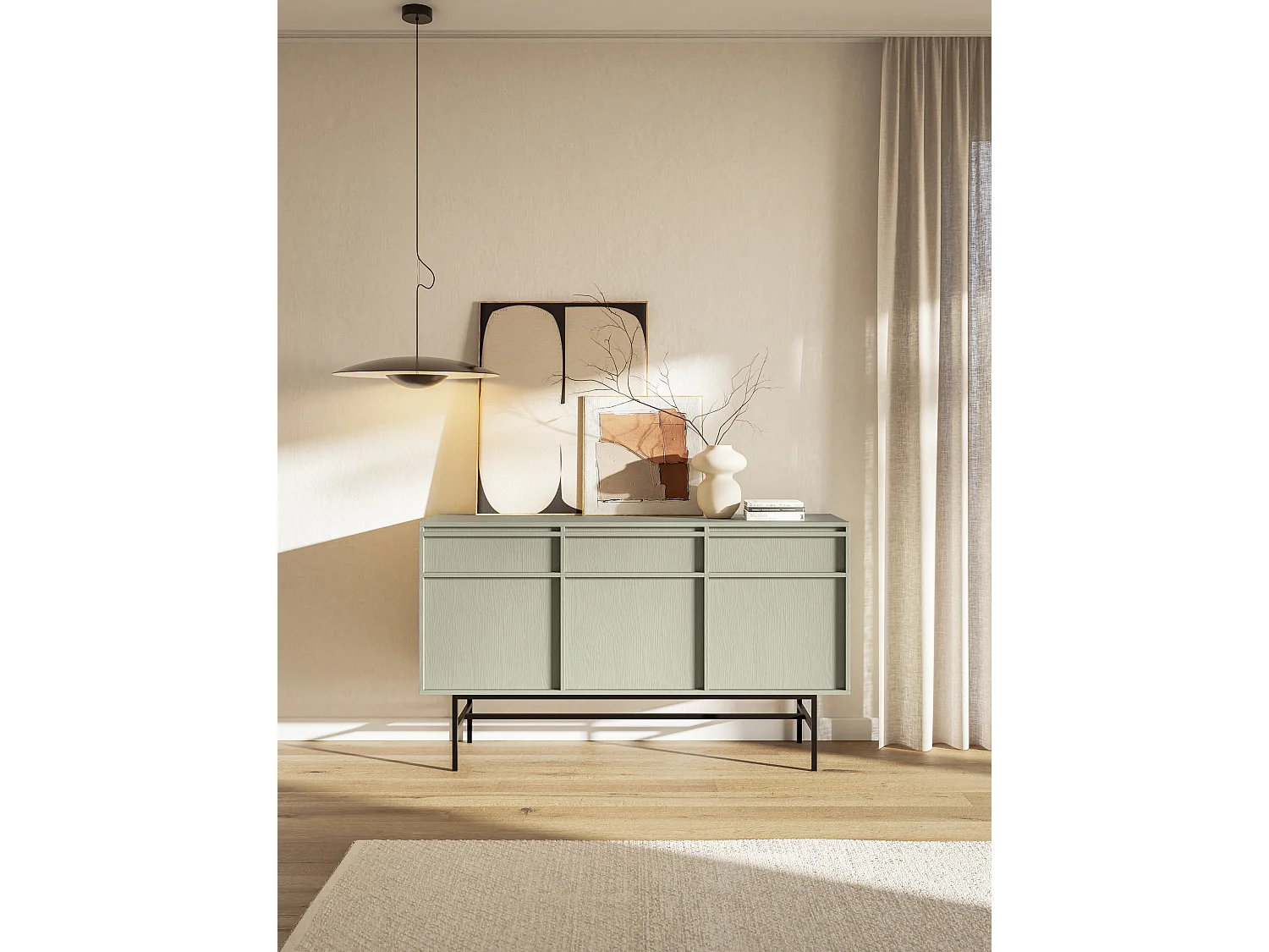 Buffet à trois portes - 154 cm - avec tiroirs et cadre - vert sauge - EVO