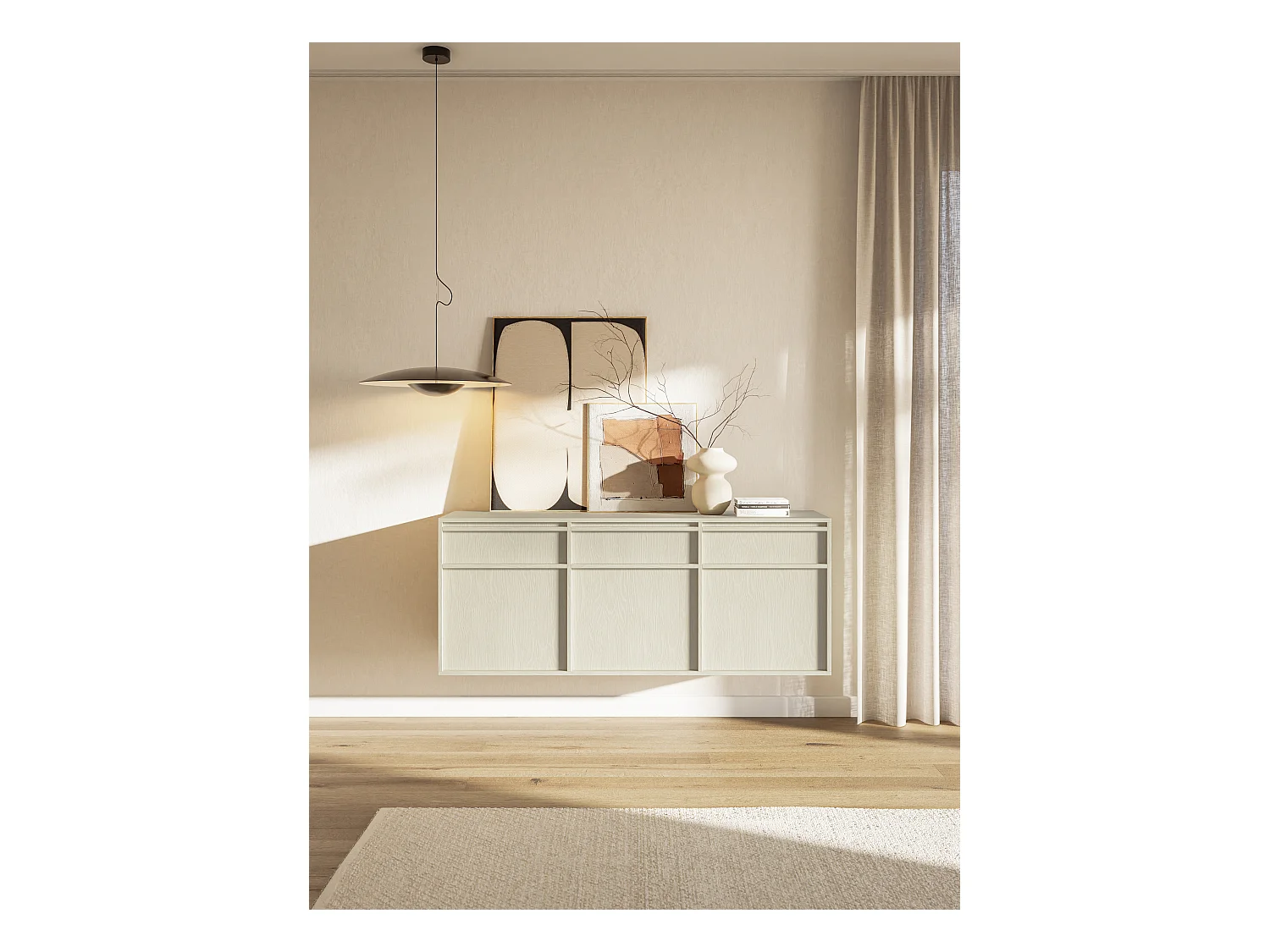 Buffet à trois portes - 154 cm - avec tiroirs - suspendu - crème - EVO