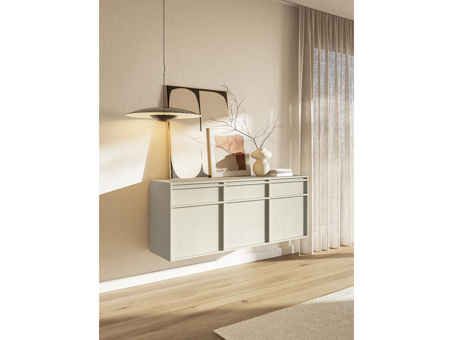 Buffet à trois portes - 154 cm - avec tiroirs - suspendu - crème - EVO