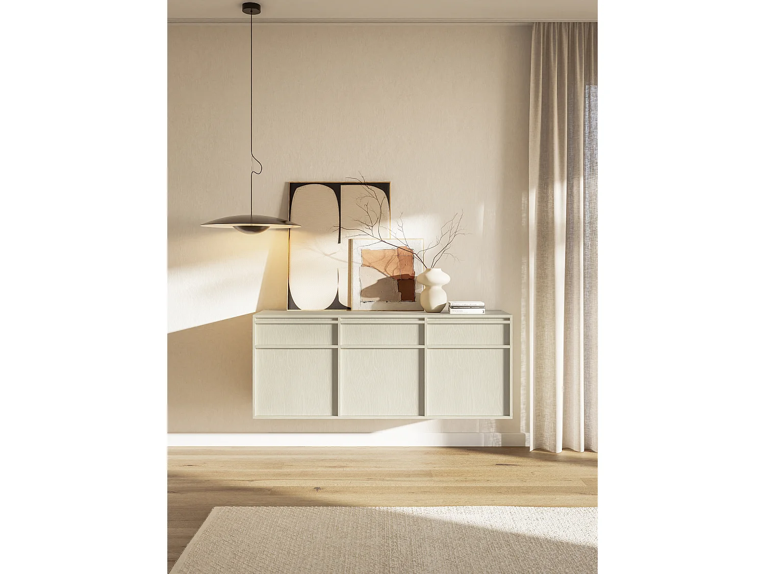 Buffet à trois portes - 154 cm - avec tiroirs - suspendu - crème - EVO