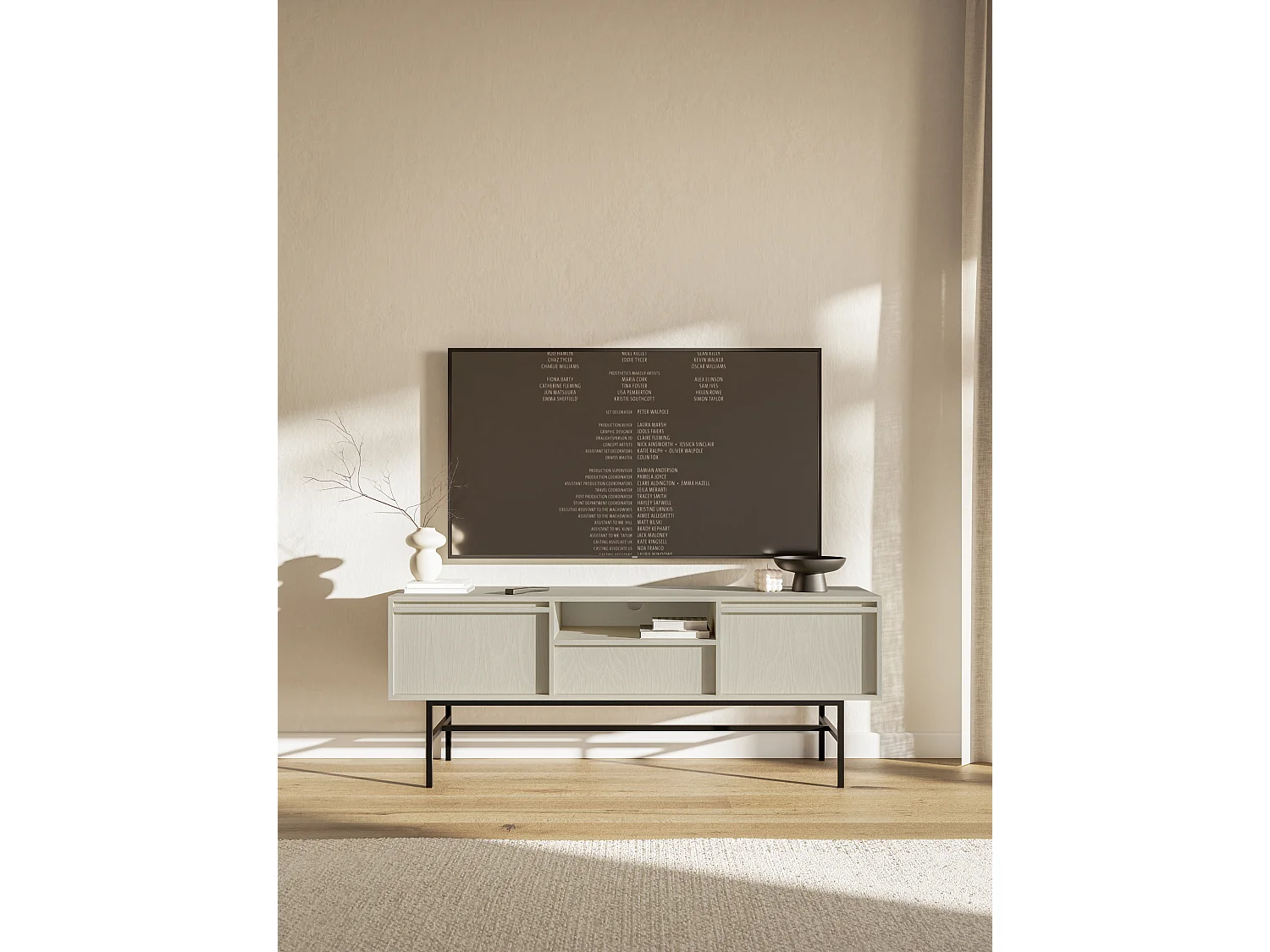 Meuble TV à deux portes - 154 cm - avec tiroir et cadre - crème - EVO