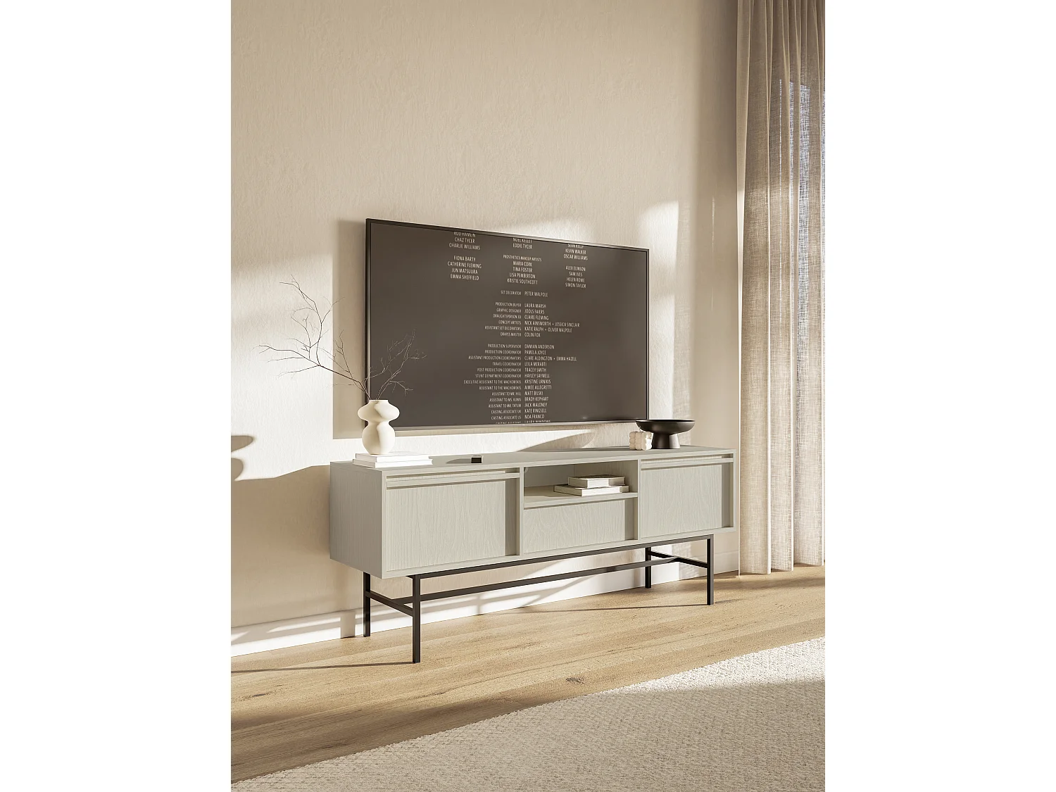 Meuble TV à deux portes - 154 cm - avec tiroir et cadre - crème - EVO