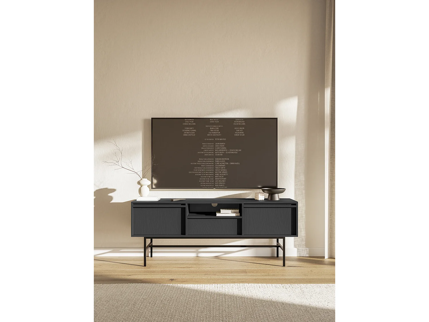 Meuble TV à deux portes - 154 cm - avec tiroir et cadre - noir - EVO