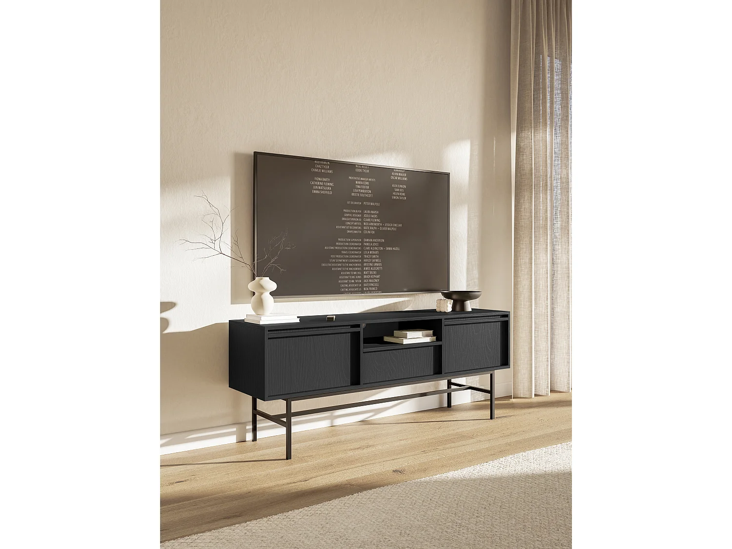 Meuble TV à deux portes - 154 cm - avec tiroir et cadre - noir - EVO