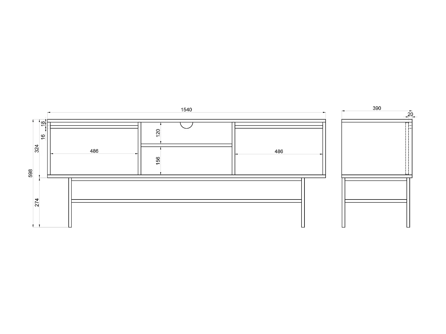 Meuble TV à deux portes - 154 cm - avec tiroir et cadre - noir - EVO