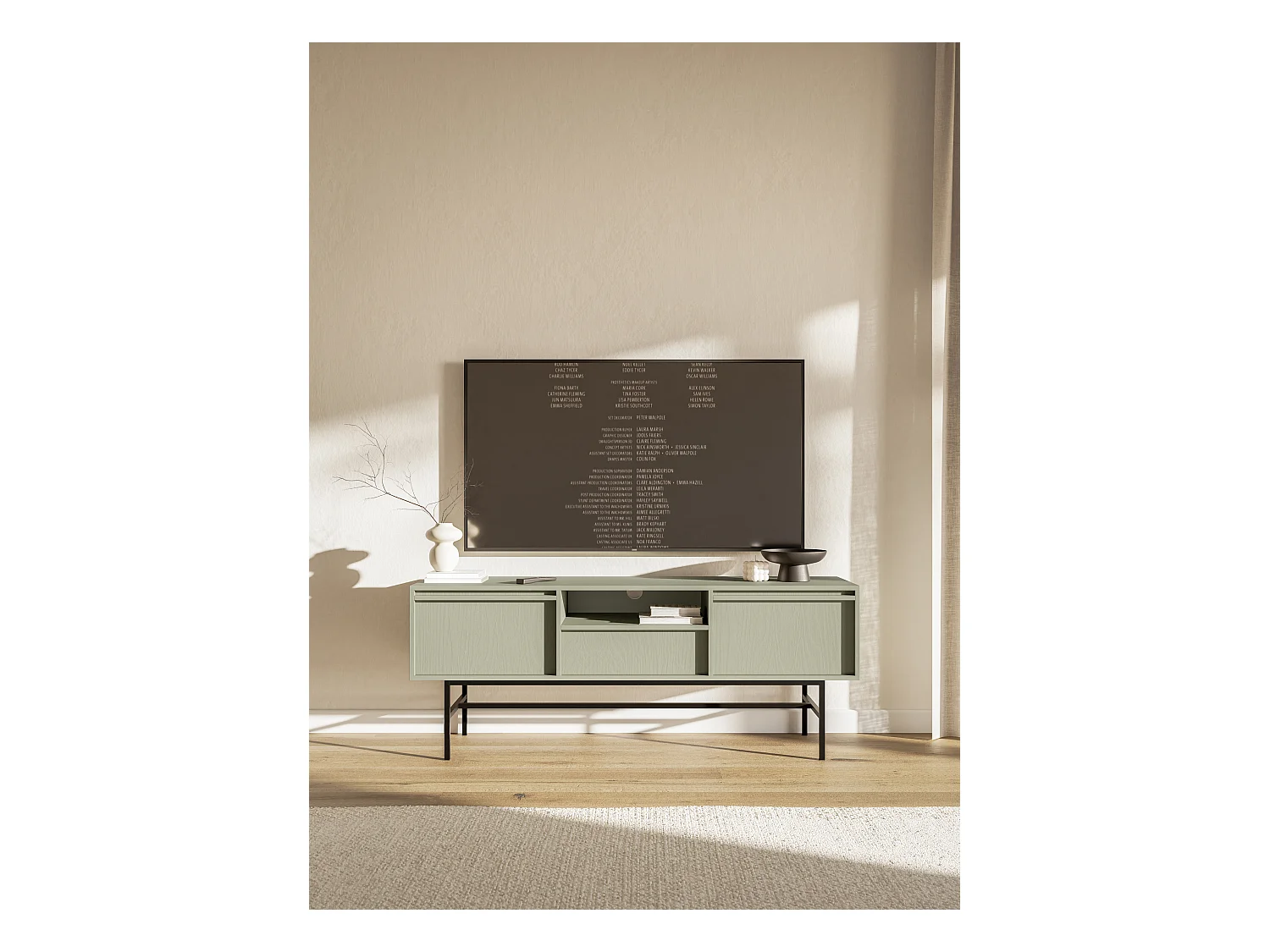 Meuble TV à deux portes - 154 cm - avec tiroir et cadre - vert sauge - EVO