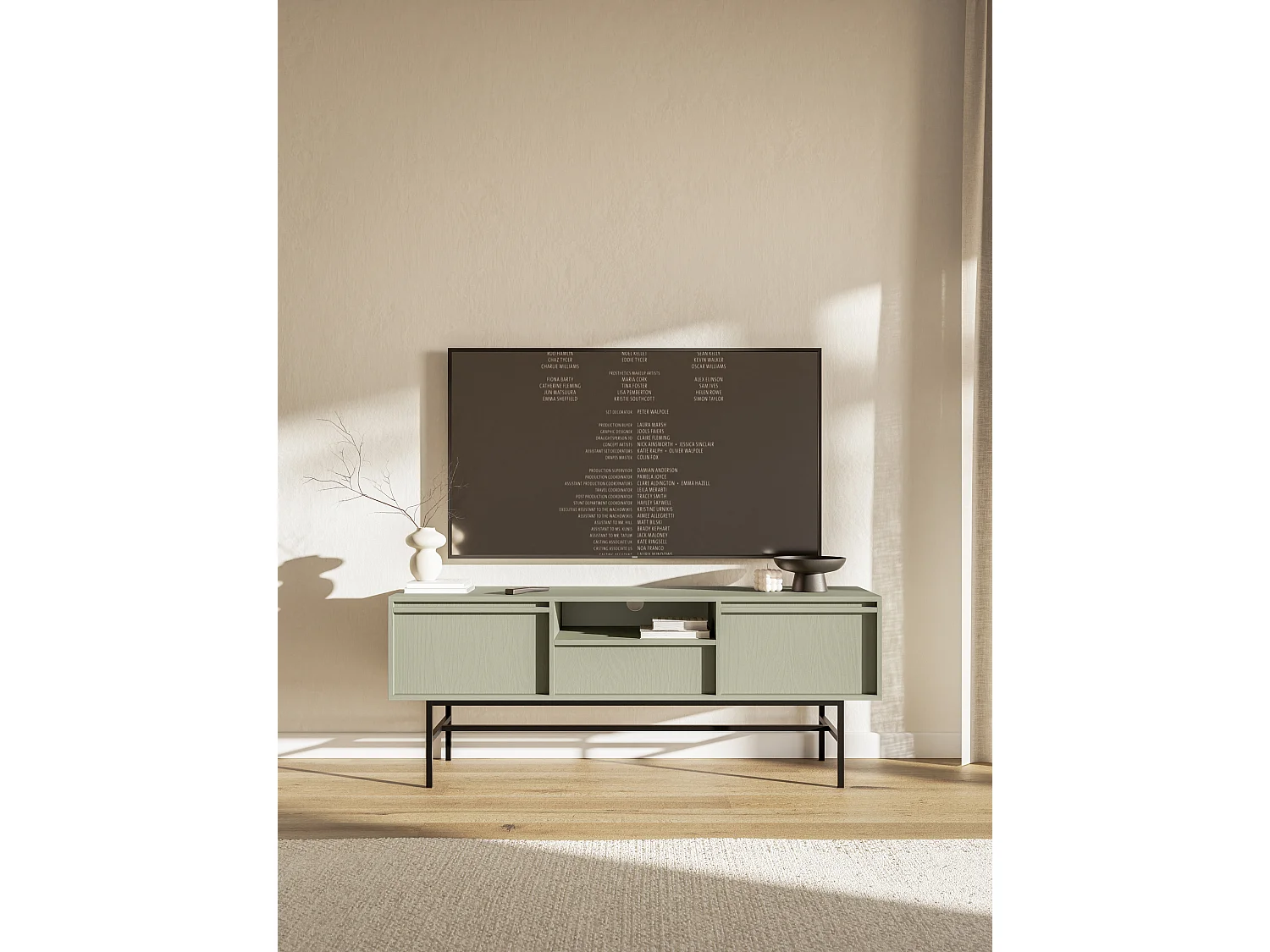 Meuble TV à deux portes - 154 cm - avec tiroir et cadre - vert sauge - EVO