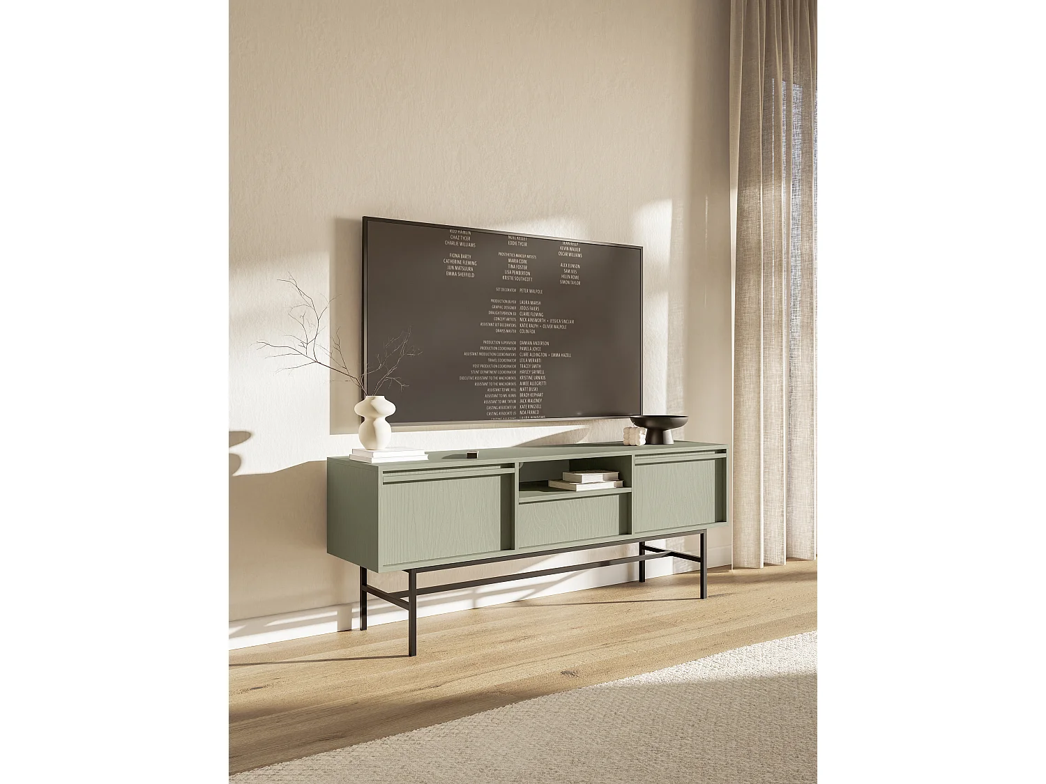 Meuble TV à deux portes - 154 cm - avec tiroir et cadre - vert sauge - EVO