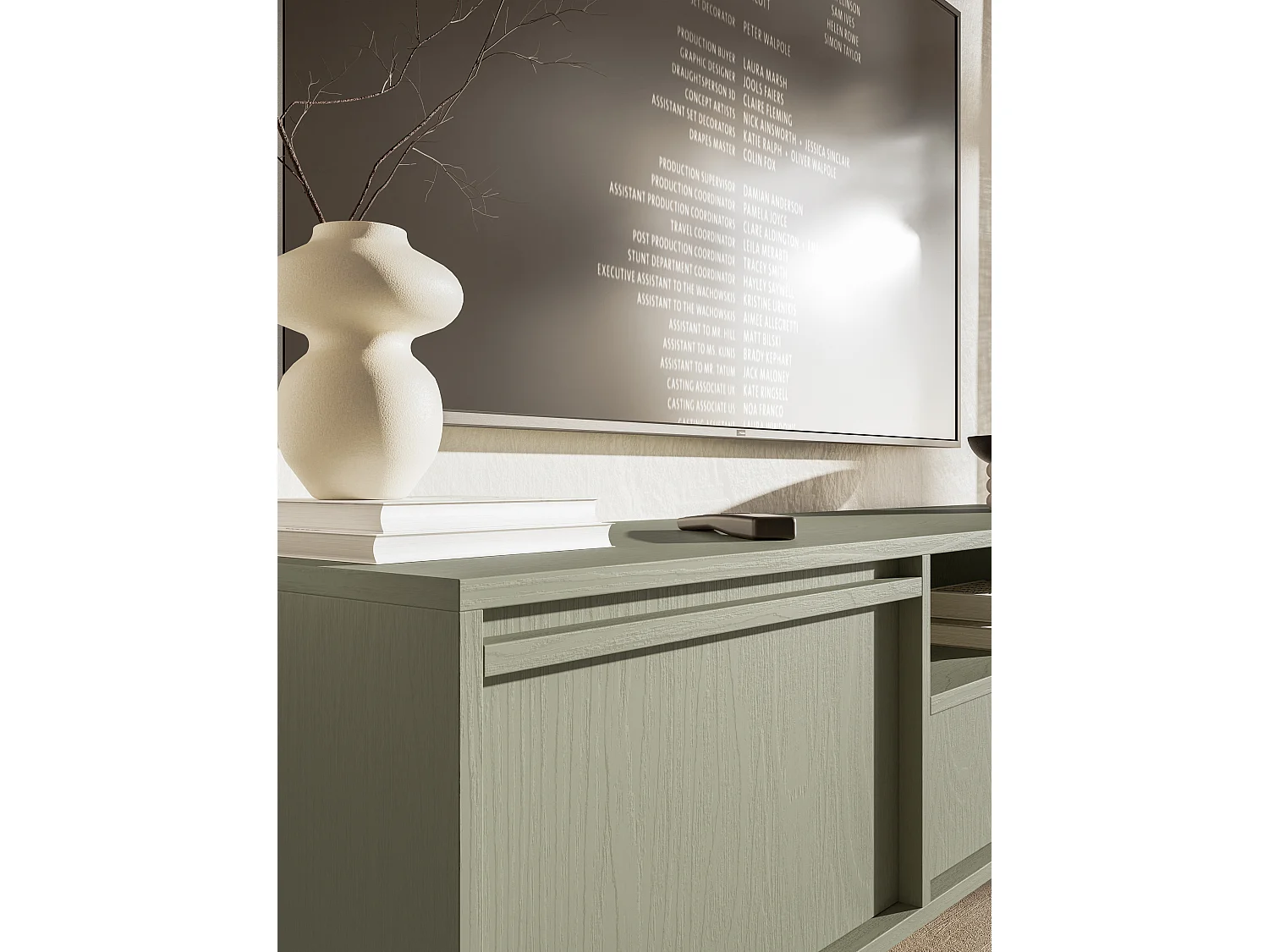 Meuble TV à deux portes - 154 cm - avec tiroir et cadre - vert sauge - EVO