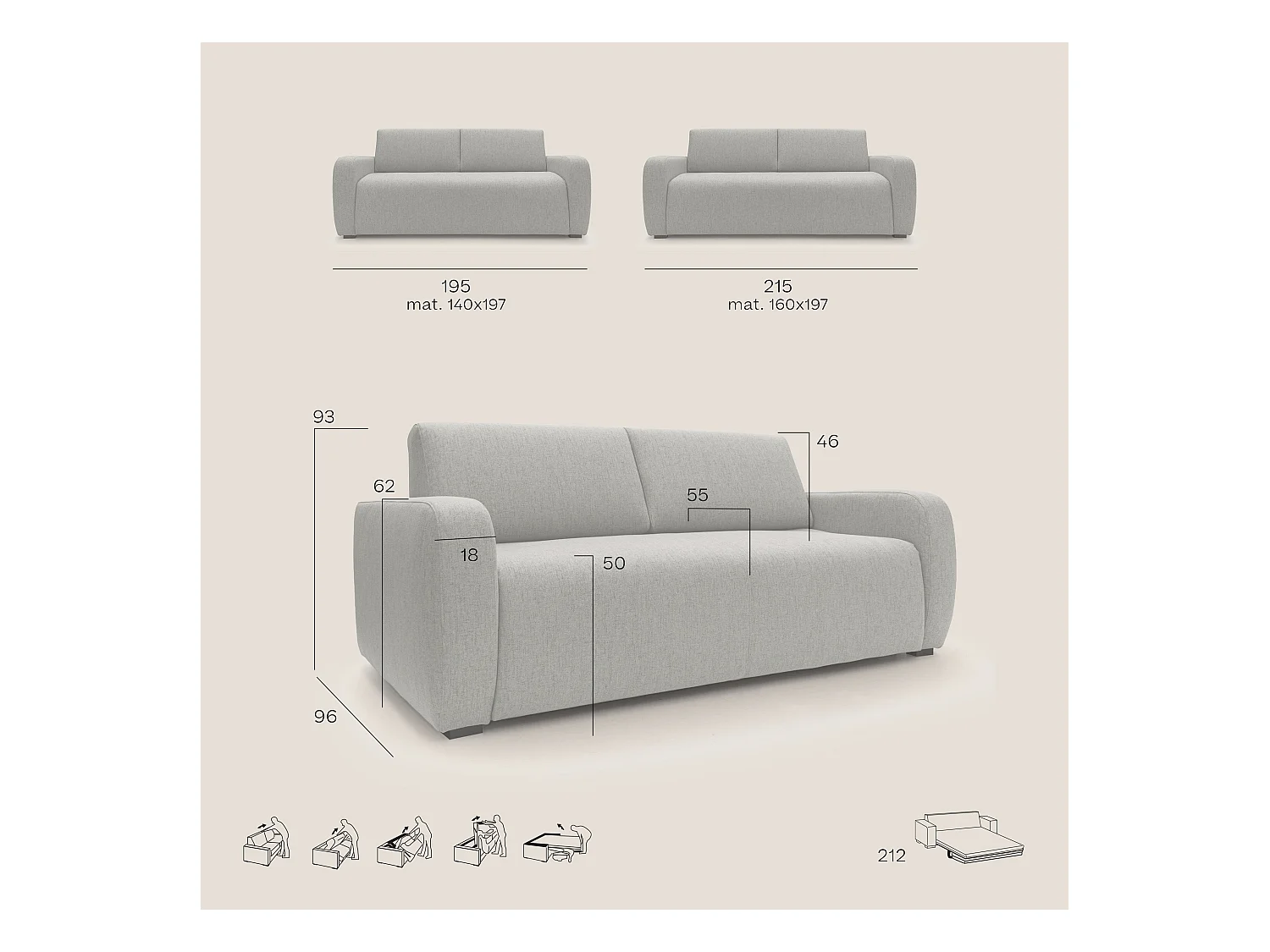 Duna Sofá cama convertible con colchón de 20 cm de tela suave flameada e impermeable 195 cm (mat. 140x197) Taupe