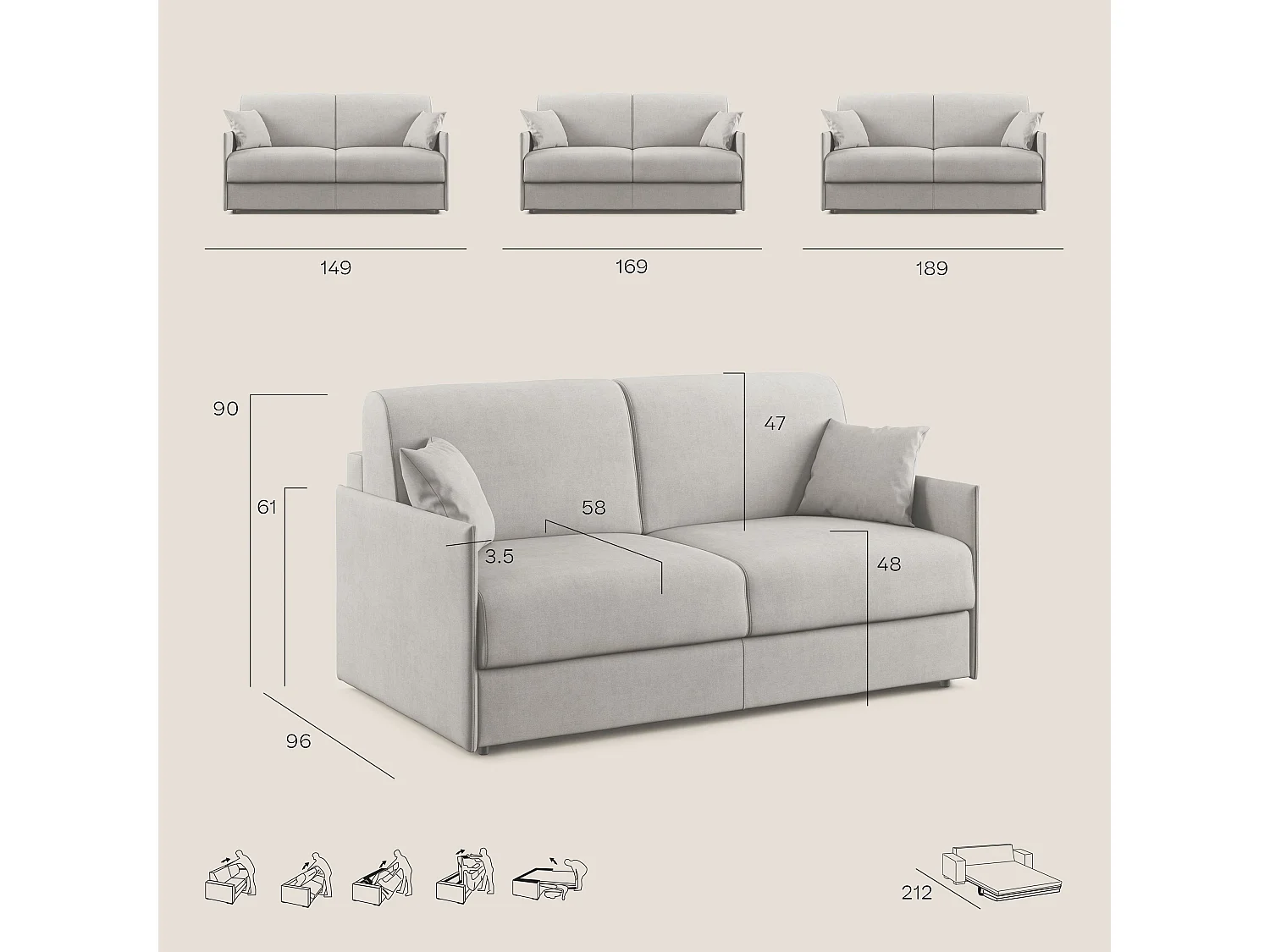 Evans Divano letto matrimoniale in tessuto impermeabile T13 189 cm (mat. 160x197) panna