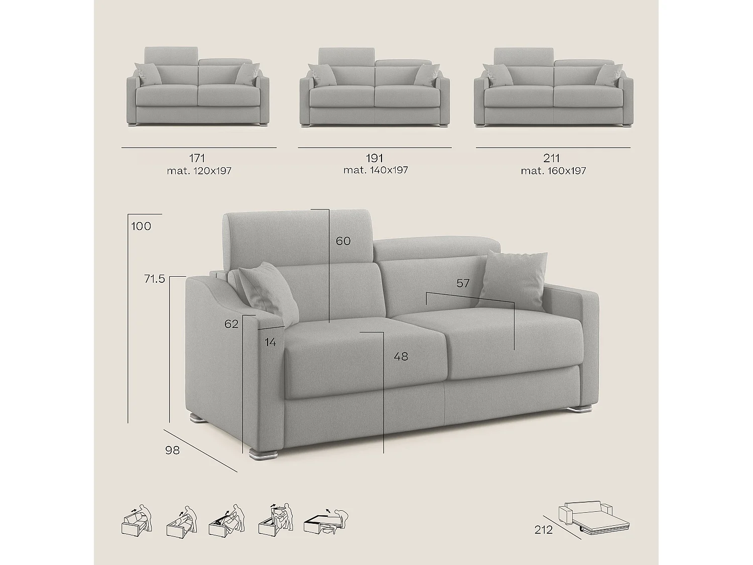 Amber Canapé lit convertible en tissu détachable T05 211 cm (mat. 160x197)  beige