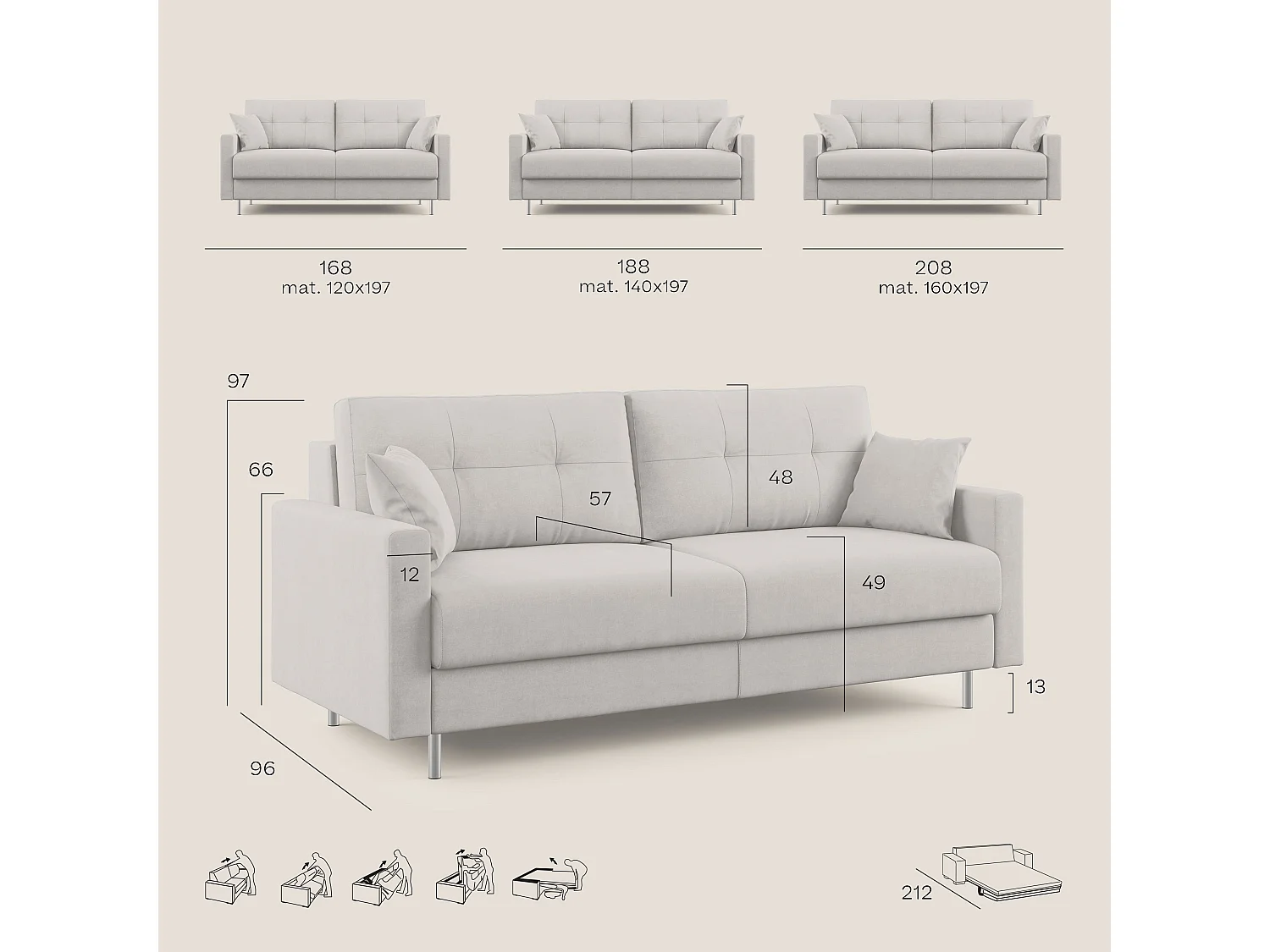 Megan Divano letto matrimoniale in microfibra smacchiabile T11 168 cm (mat. 120x197) grigio chiaro