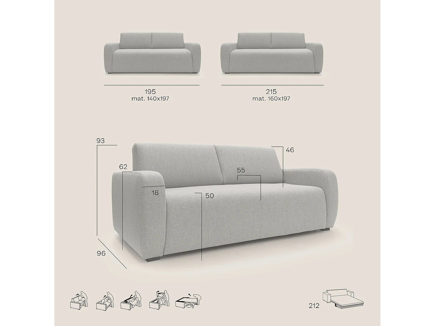 Duna Divano letto matrimoniale con materasso 20 cm in tessuto impermeabile T03 215 cm (mat. 160x197) rosso