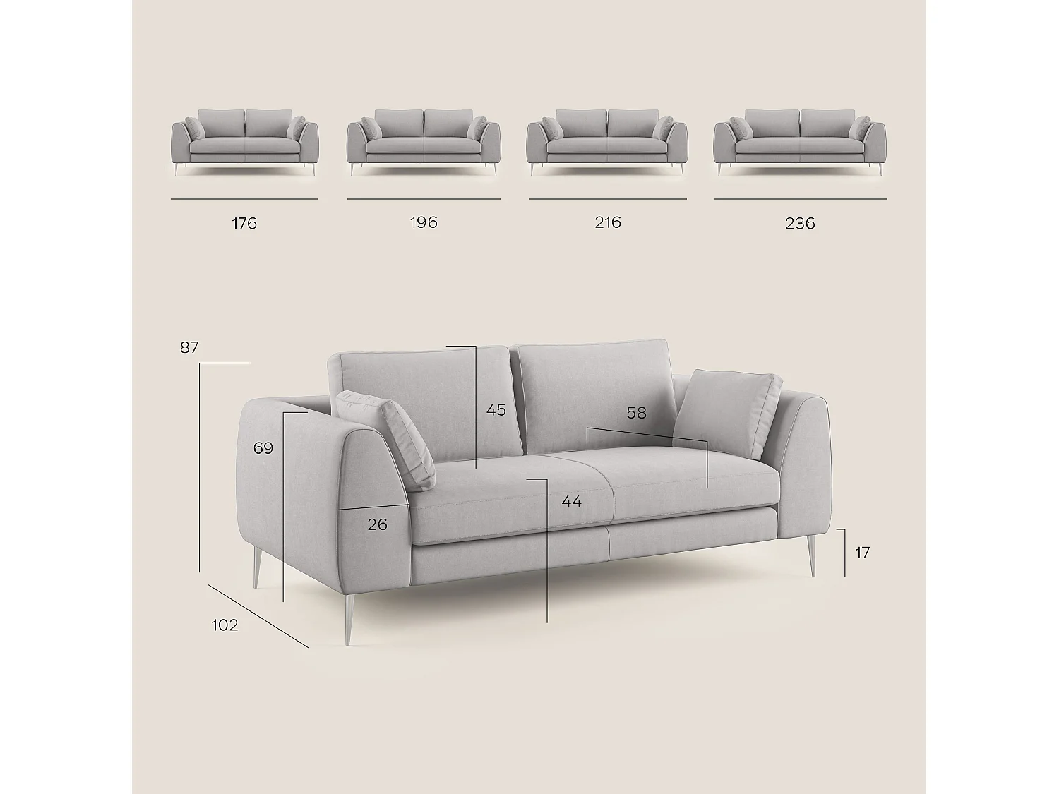 Plano modernes Sofa aus abwaschbarer technischer Mikrofaser T11 196 cm rot