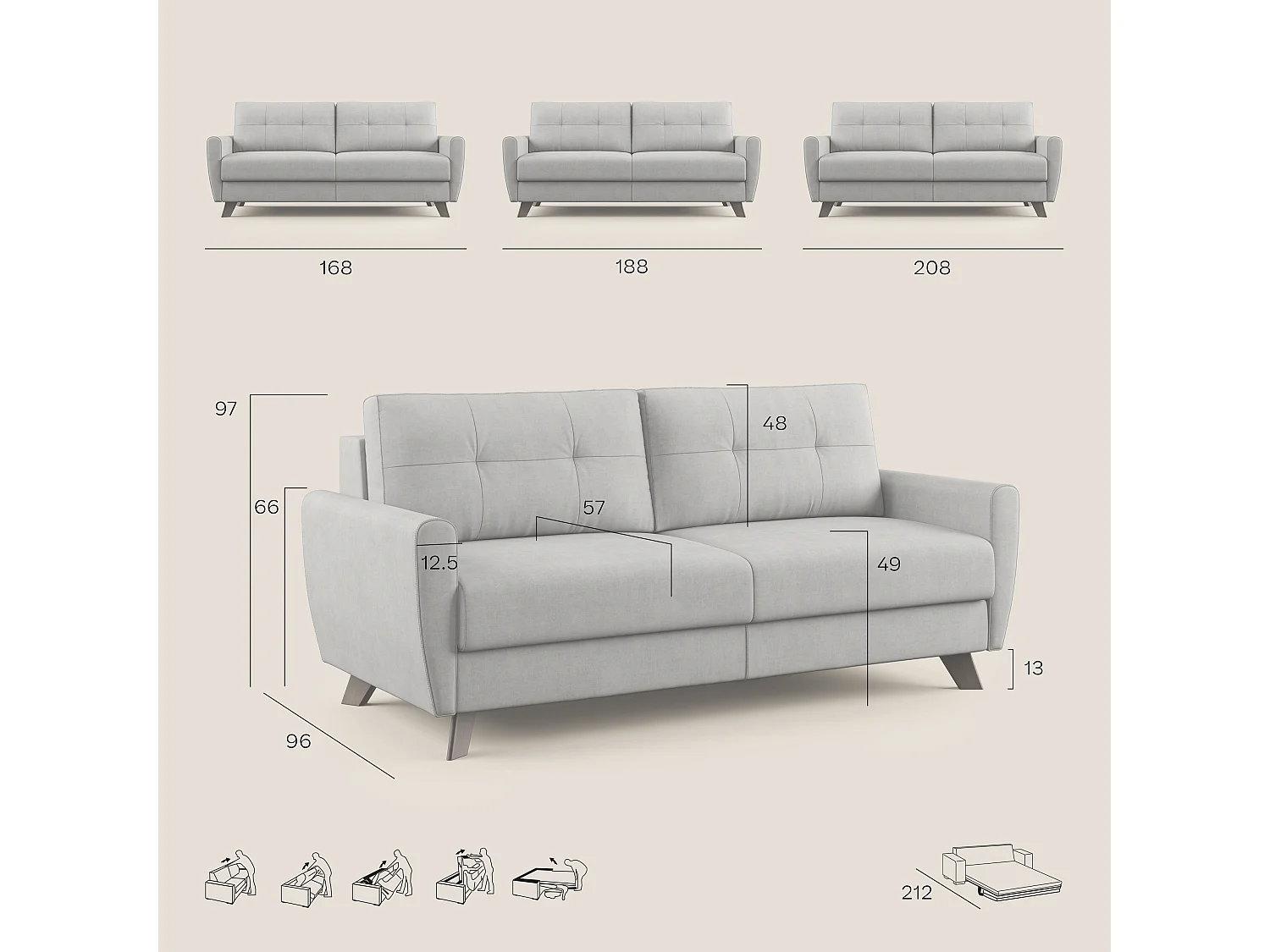 Callisto Schlafsofa aus weichem, wasserfestem Stoff T02 188 cm (mat. 140x197) gelb