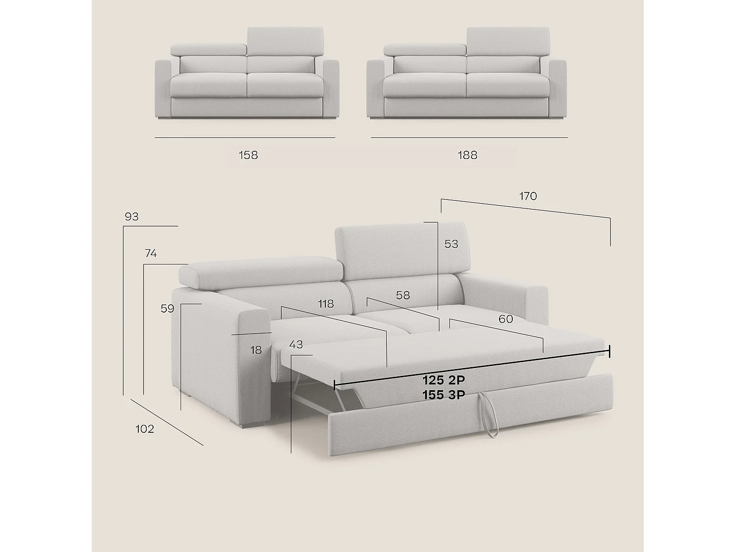 Dylan Sofa mit Bettkastenauszug aus wasserfestem, Baumwollartigem Stoff T13 158 cm creme