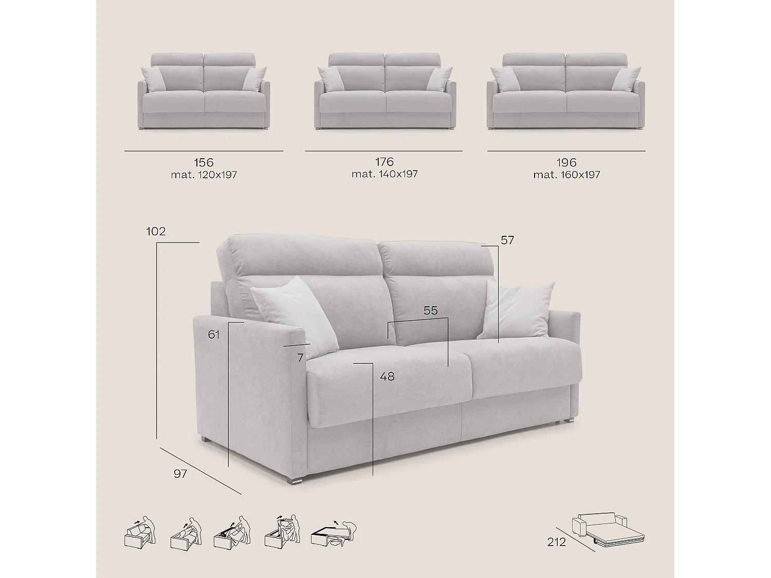 Margot Divano letto matrimoniale con schienale morbido alto in tessuto T02 176 cm (mat. 140x197) panna