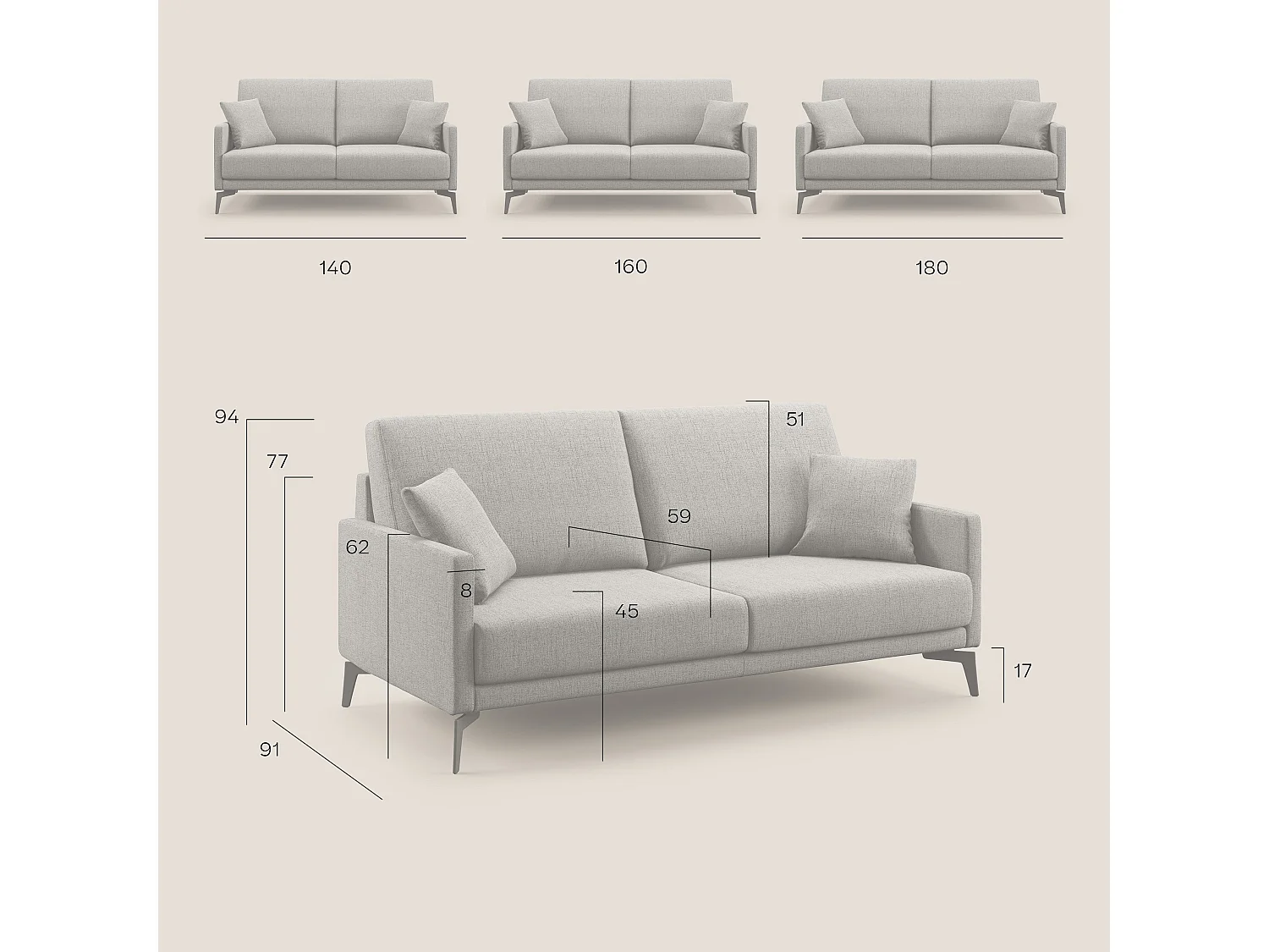 Saturno Sofá moderno en tela suave e impermeable 160 cm Beige