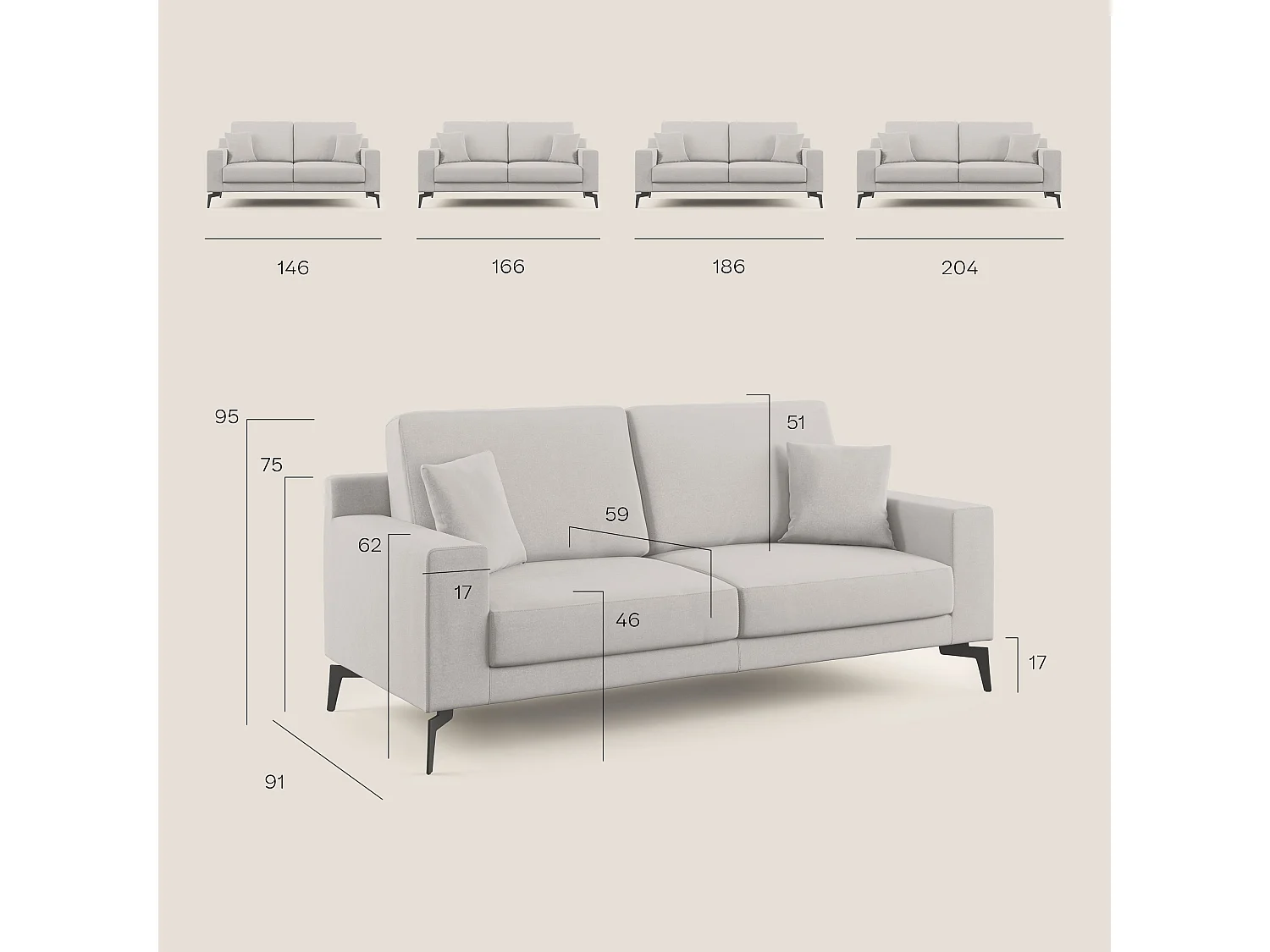 Prestige modernes Sofa aus abwaschbarer Mikrofaser T11 186 cm  grau