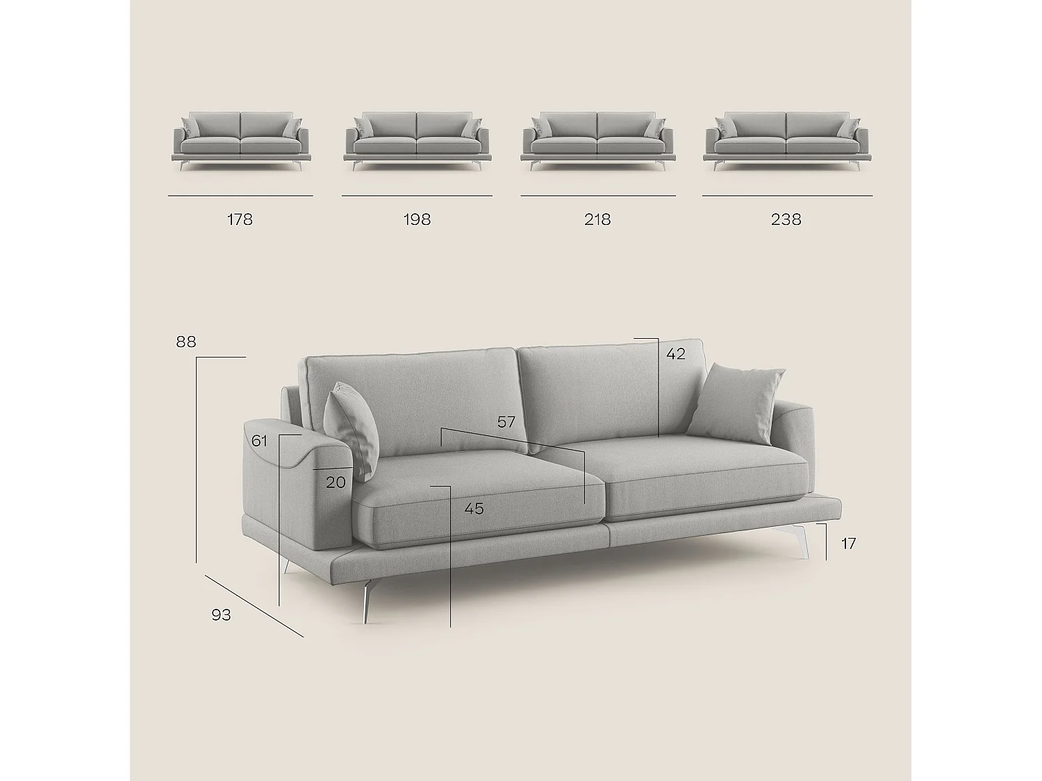 Dorian Sofá moderno de tela suave y antimanchas 198 cm Beige