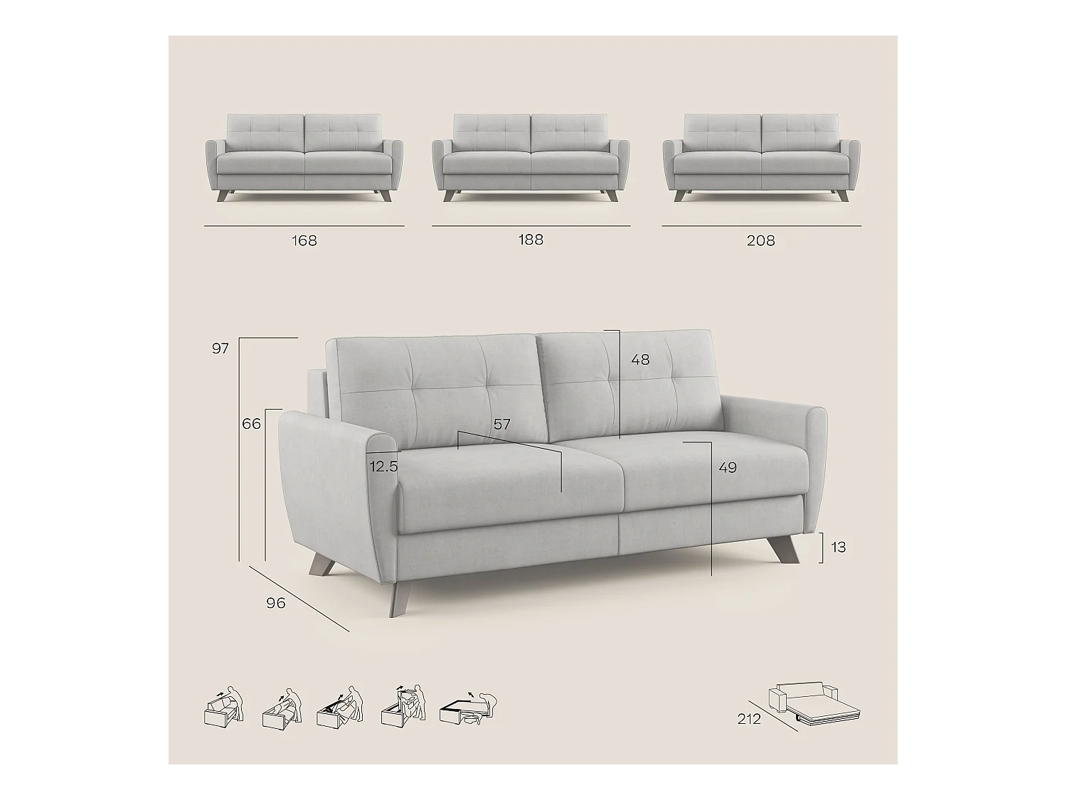Callisto Schlafsofa aus weichem, wasserfestem Stoff T02 168 cm (mat. 120x197) braun