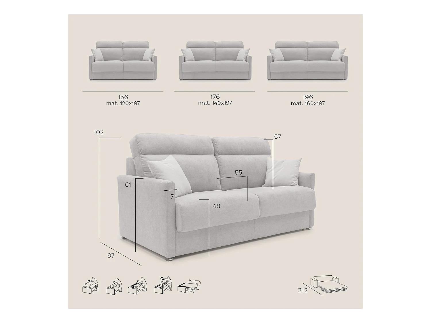 Margot Schlafsofa mit hoher weicher Rückenlehne aus Stoff T02 196 cm (mat. 160x197) schwarz